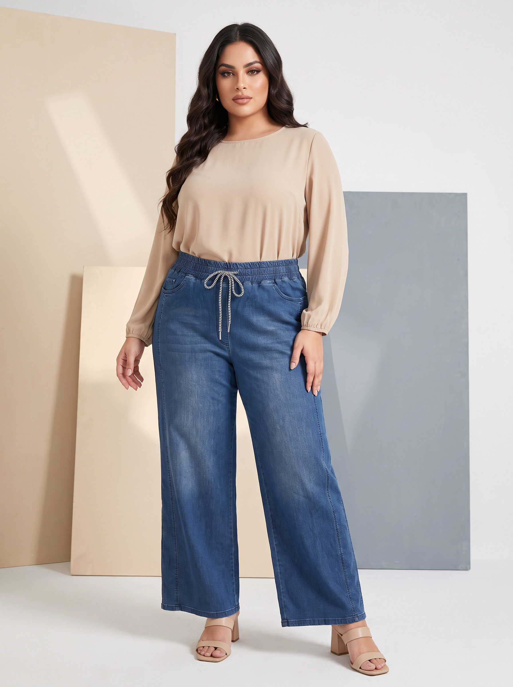 Blugi maxi albaștri cu croială largă și material elastic