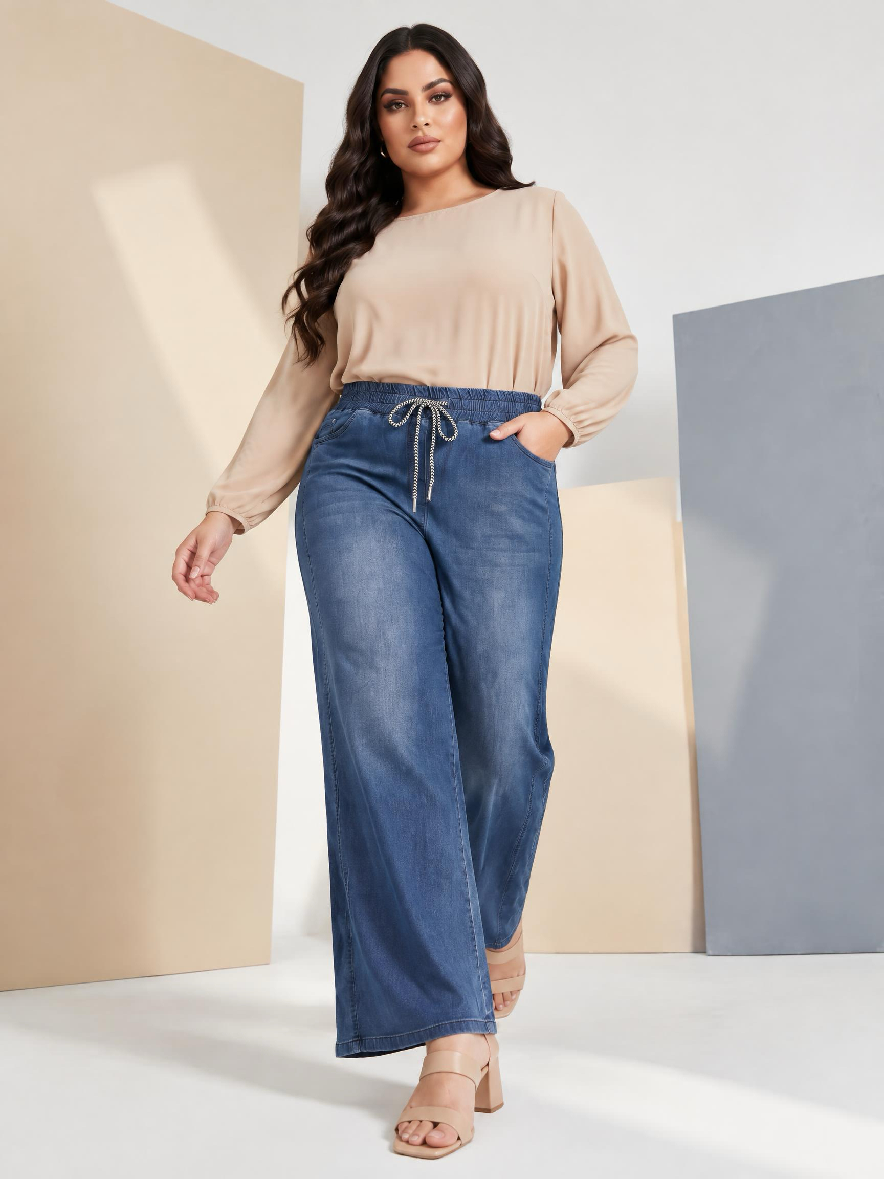 Blugi maxi albaștri cu croială largă și material elastic
