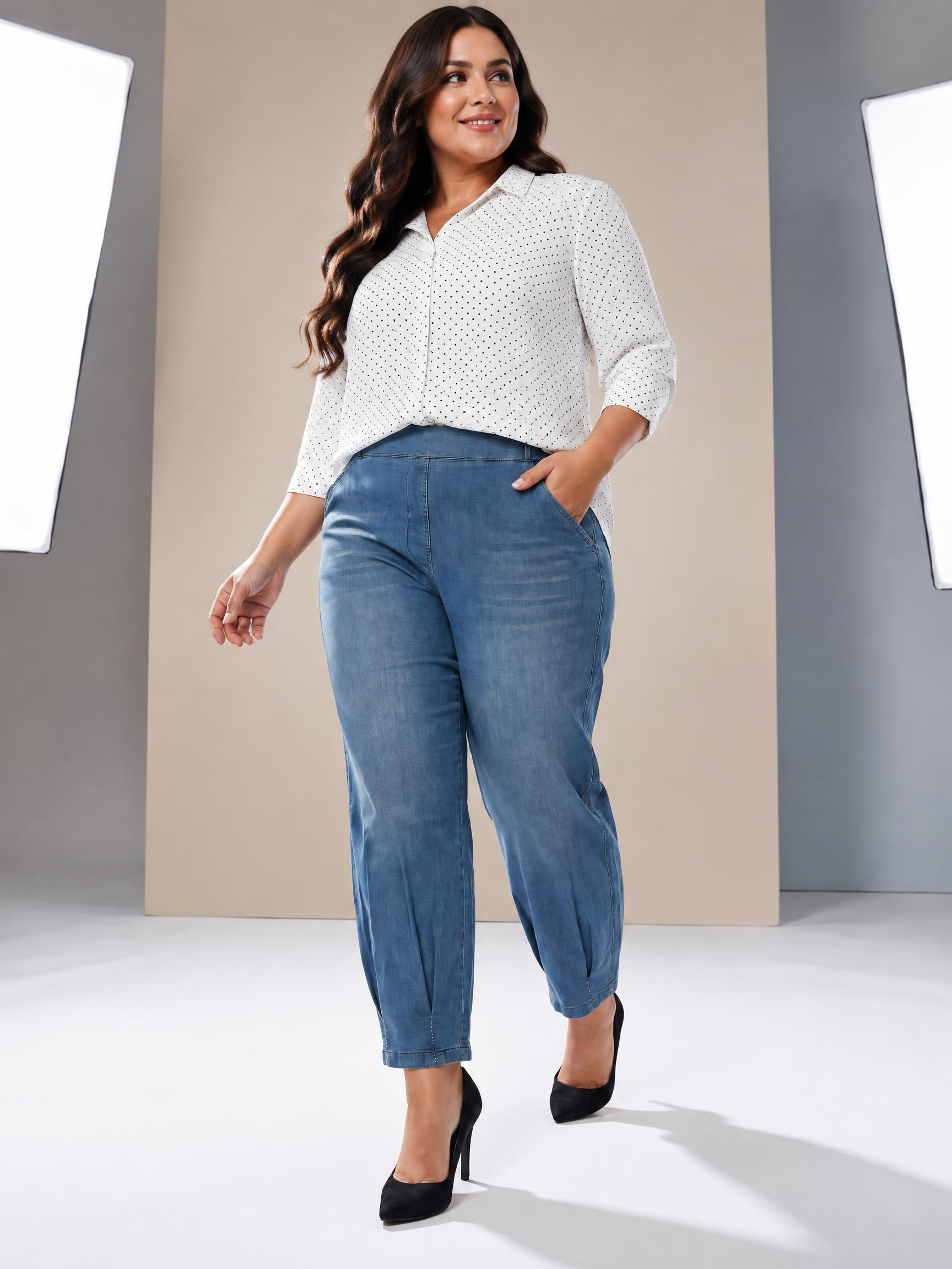 Blugi maxi albaștri închis cu model larg din material elastic