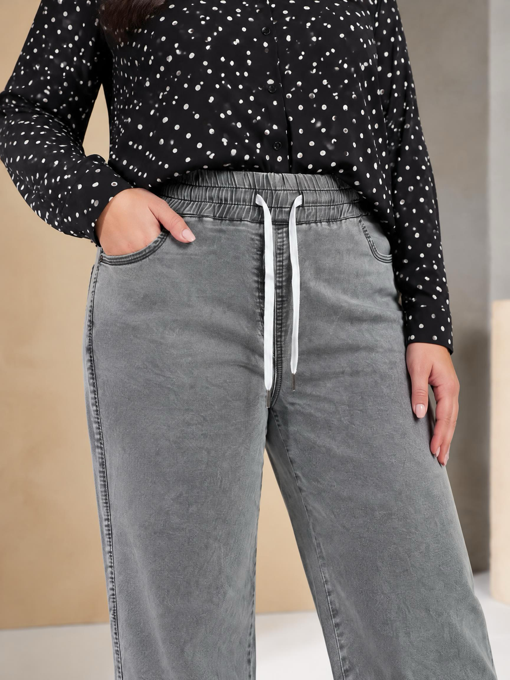 Blugi moderni din denim gri cu croială largă și șnur în talie
