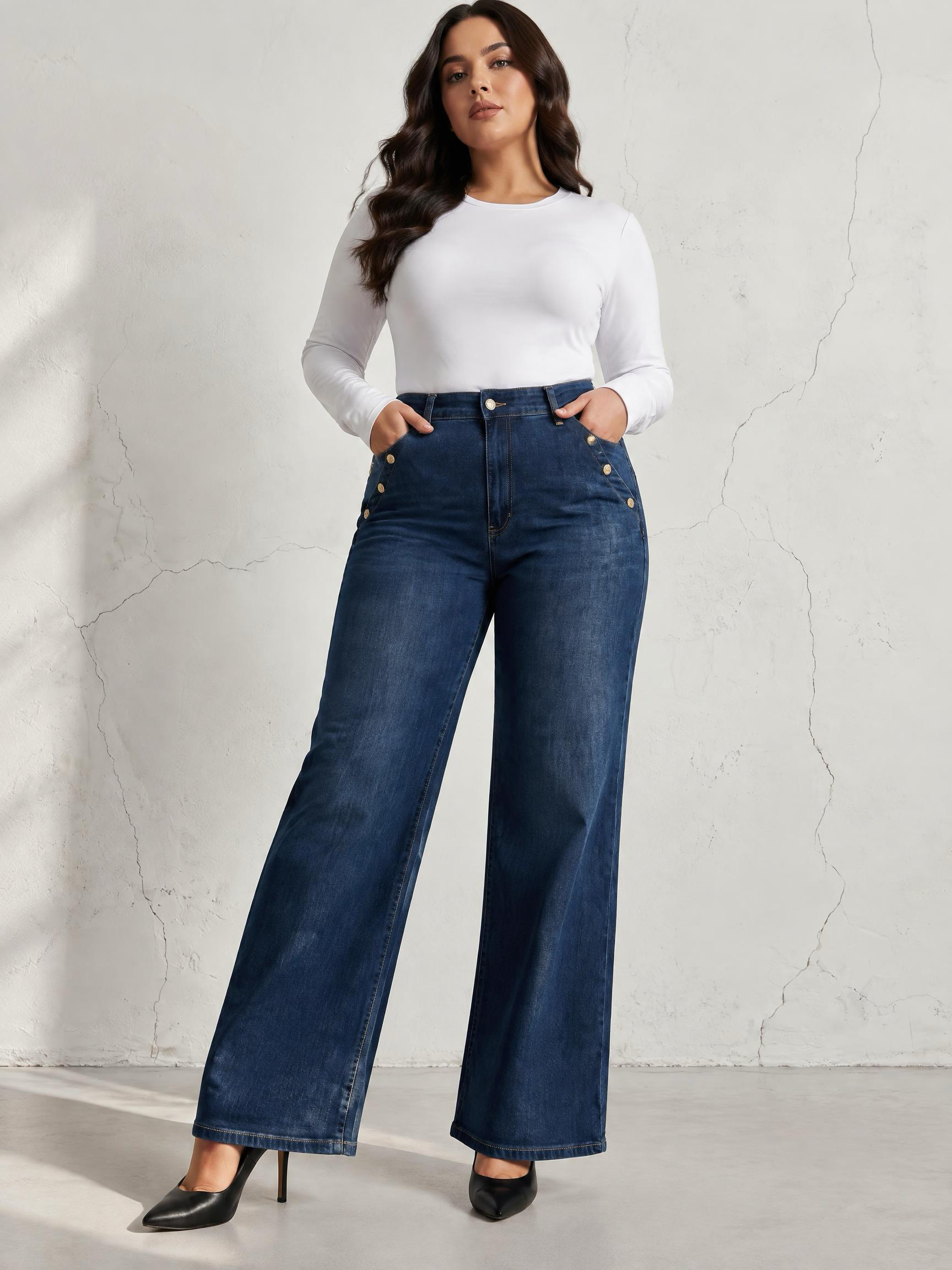 Blugi indigo închis cu croială largă și design modern