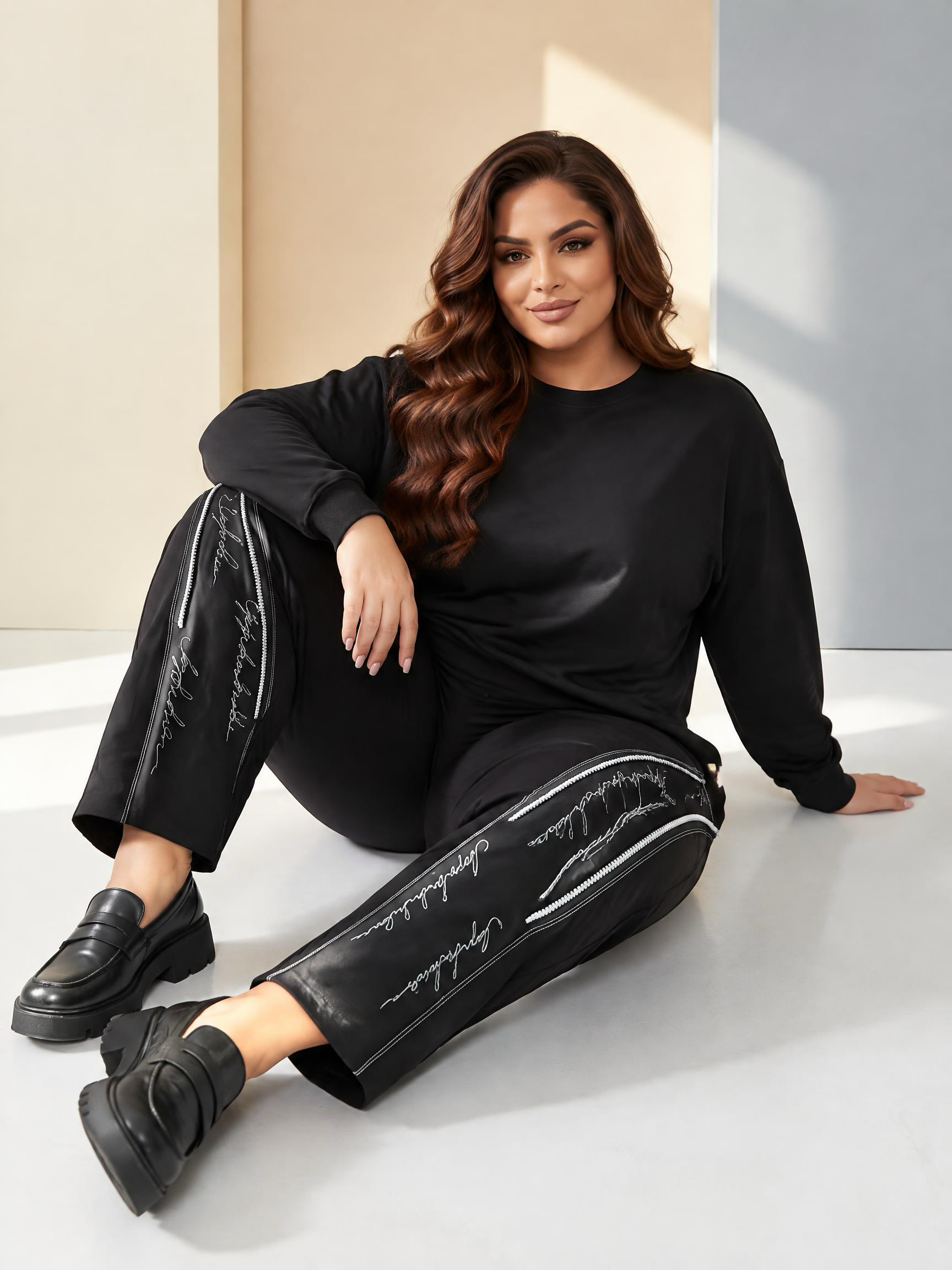 Pantaloni negri cu alb cu croială largă și talie cu elastic și șnur