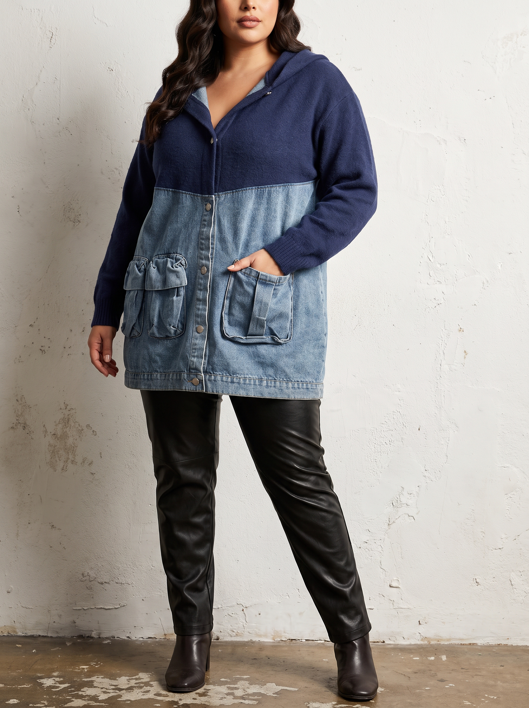 Jachetă maxi din denim cu inserții din tricot călduros CU ALBASTRU
