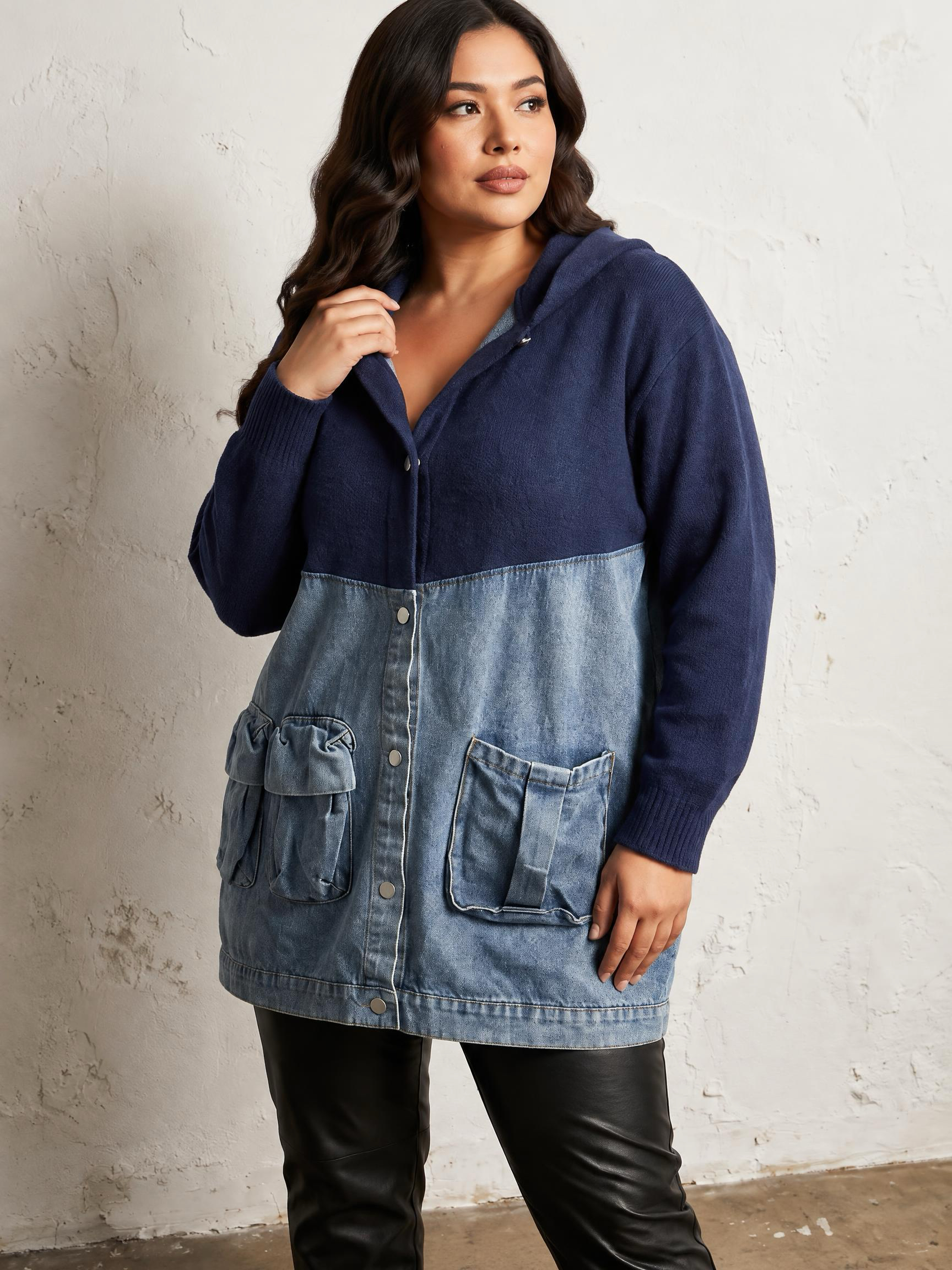 Jachetă maxi din denim cu inserții din tricot călduros CU ALBASTRU