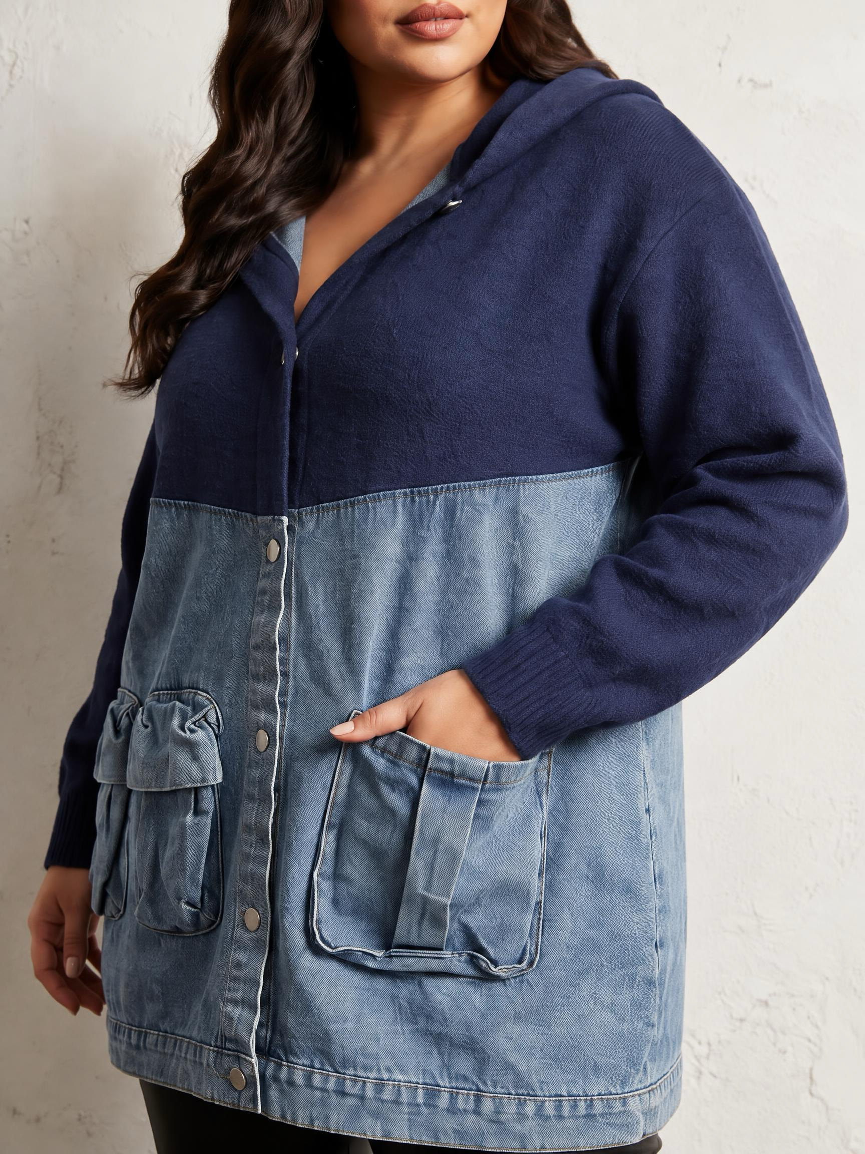 Jachetă maxi din denim cu inserții din tricot călduros CU ALBASTRU