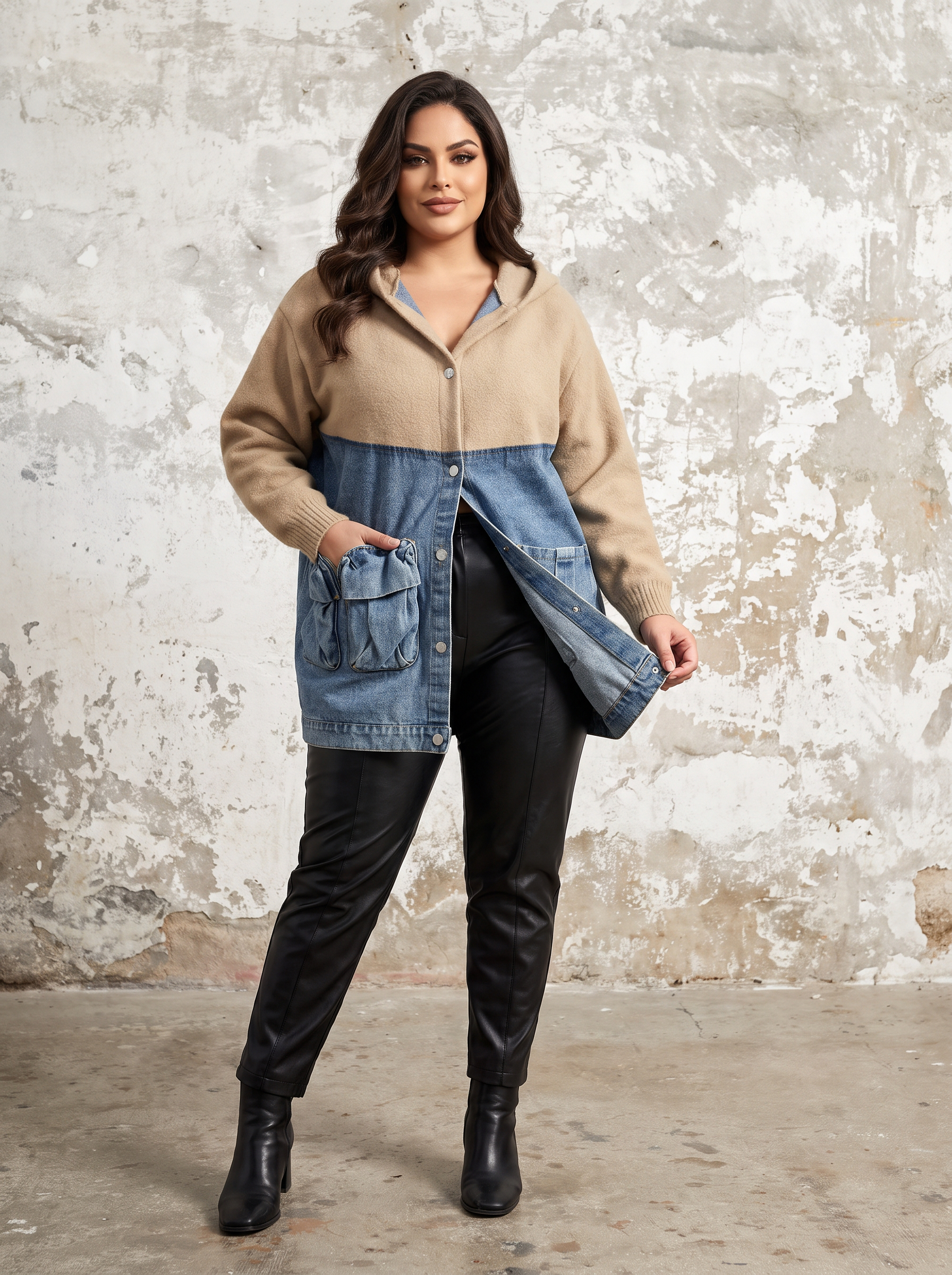 Geacă lungă din denim cu inserții din tricot călduros BEJ 