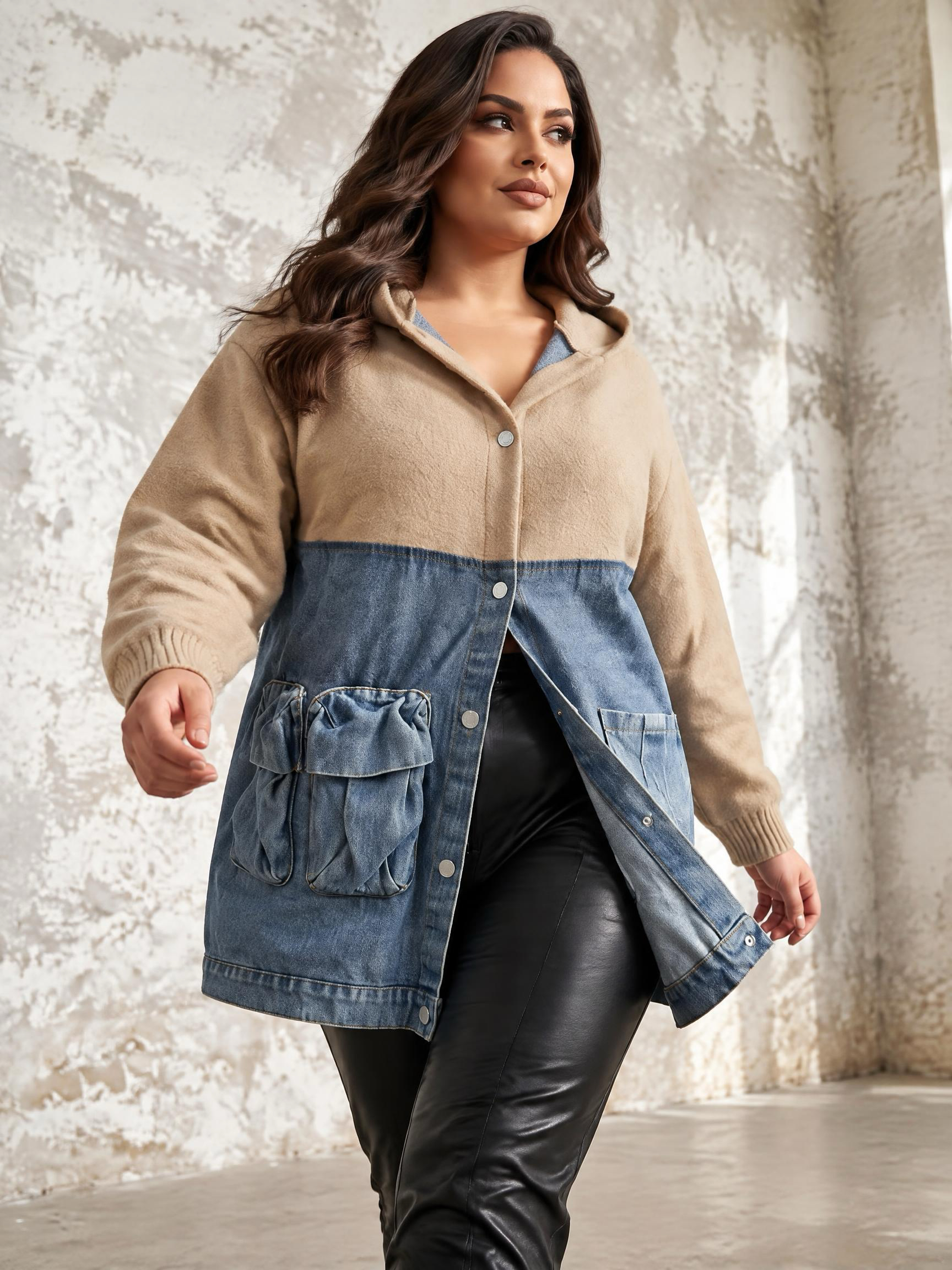 Geacă lungă din denim cu inserții din tricot călduros BEJ 