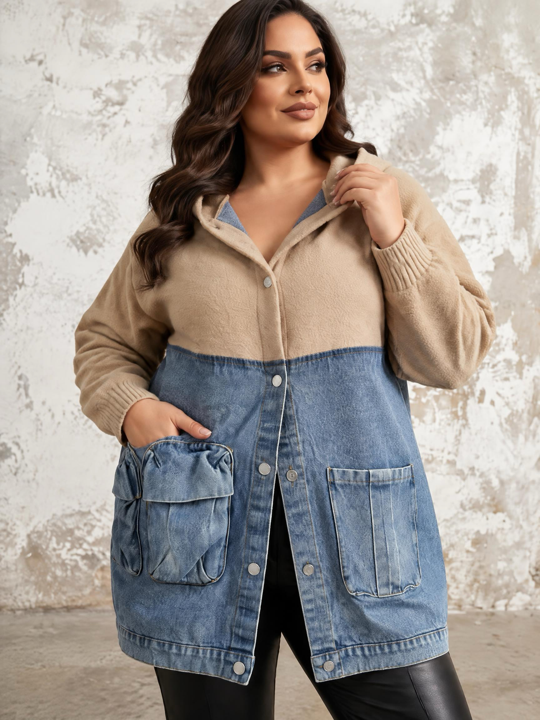Geacă lungă din denim cu inserții din tricot călduros BEJ 