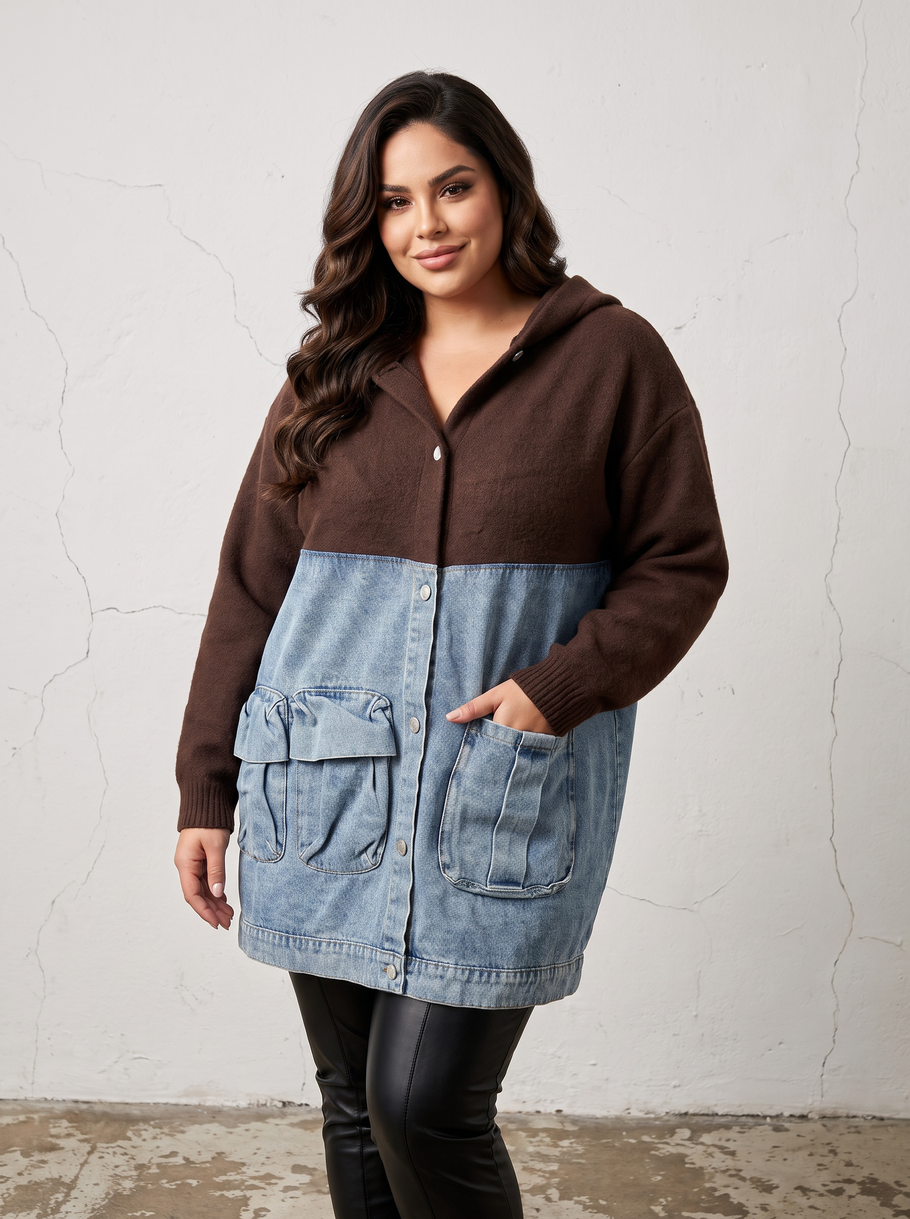 Geacă lungă din denim cu inserții din tricot călduros maro