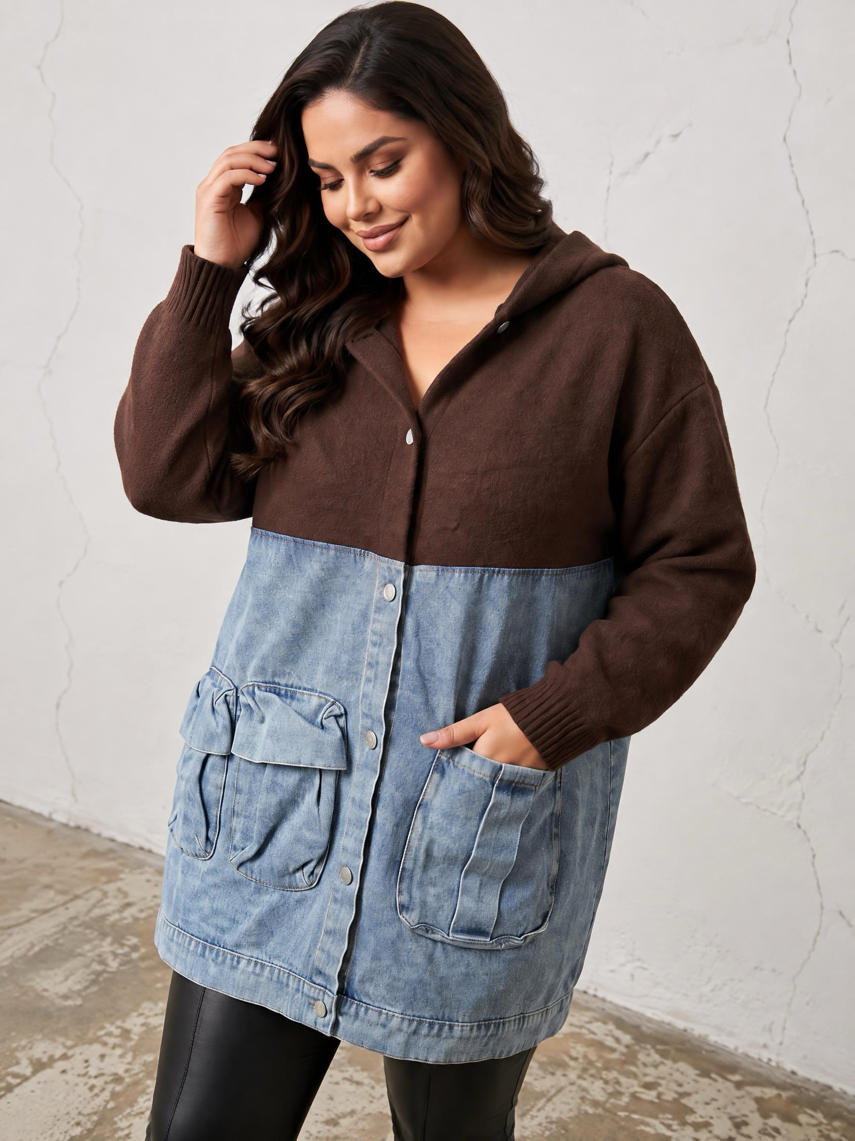 Geacă lungă din denim cu inserții din tricot călduros maro