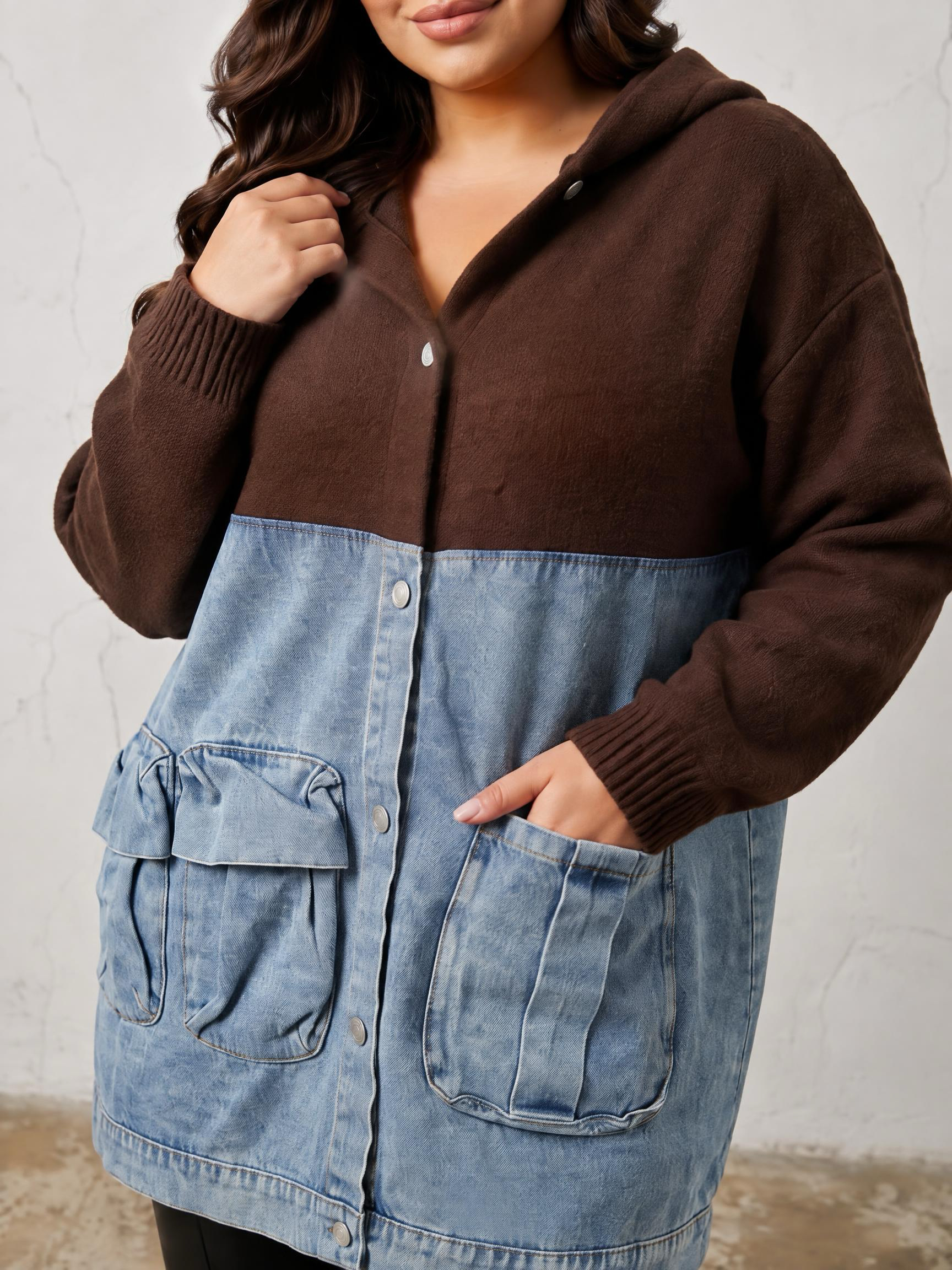 Geacă lungă din denim cu inserții din tricot călduros maro