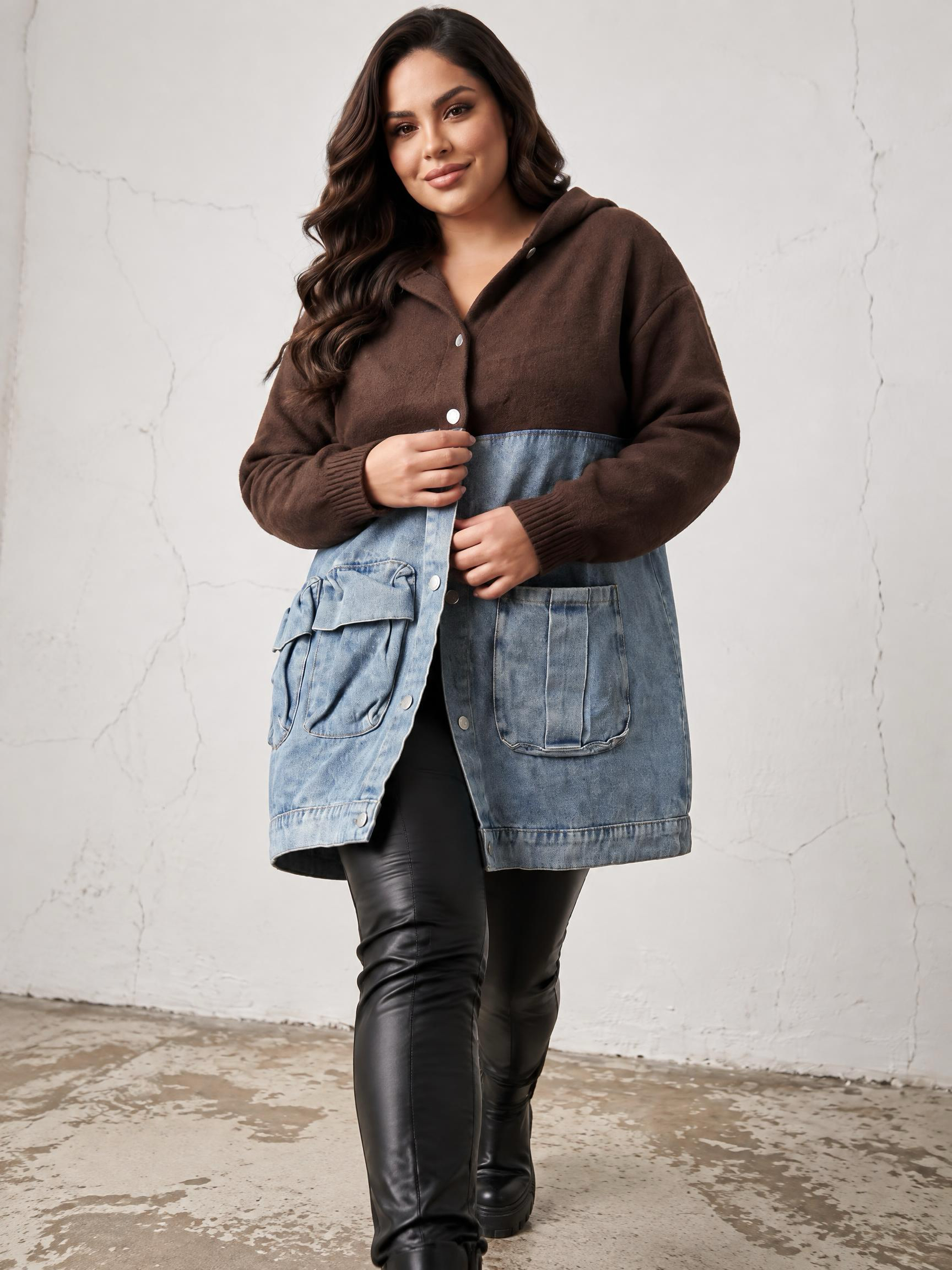 Geacă lungă din denim cu inserții din tricot călduros maro