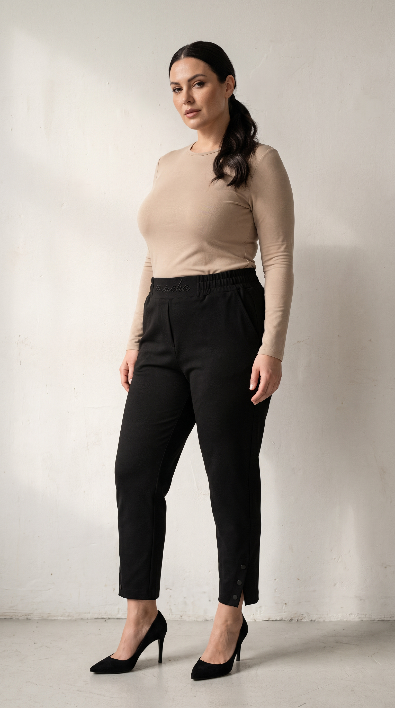 Pantaloni maxi din țesătură Punto Milano cu talie elastică