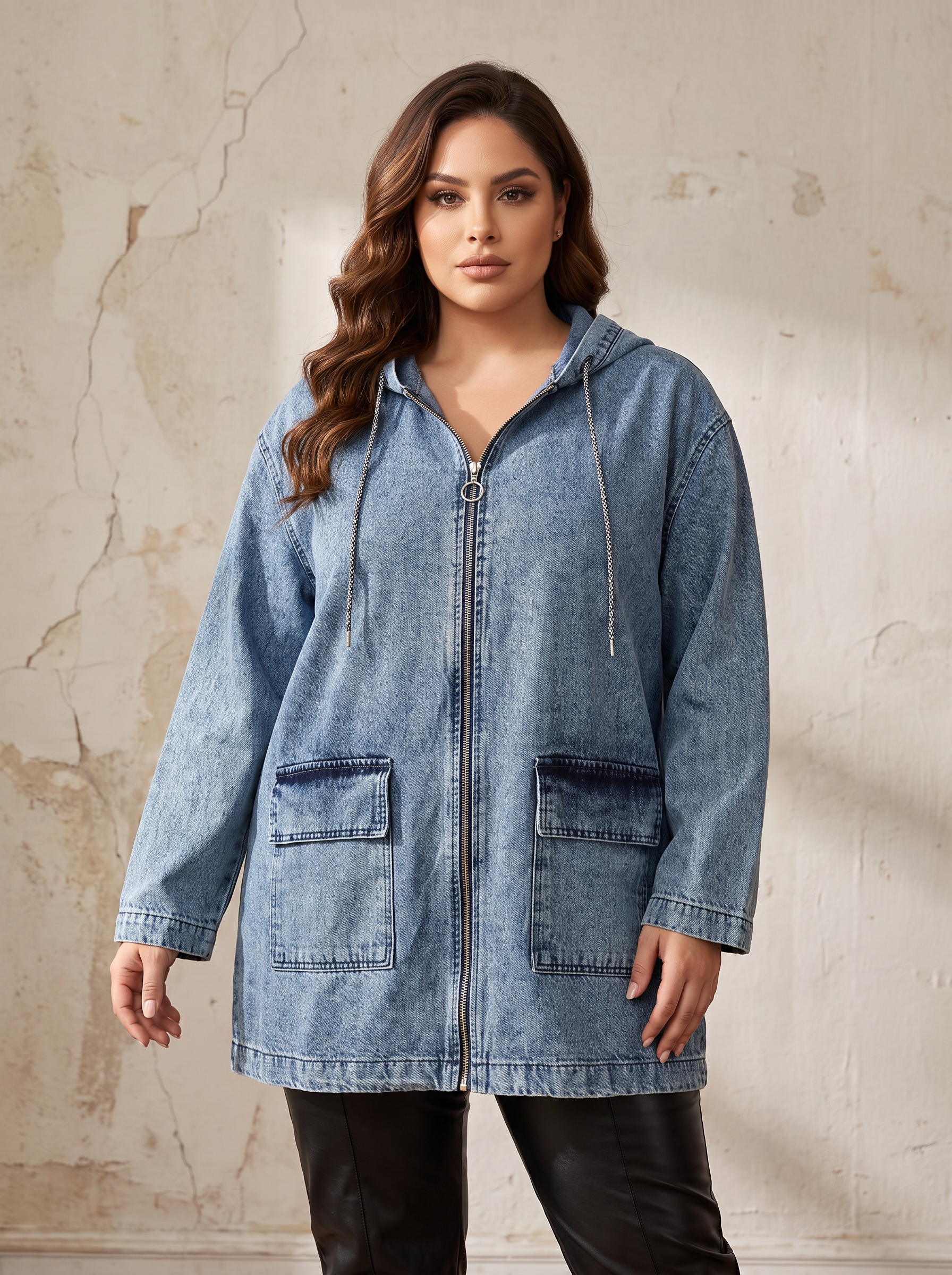 Geacă modernă din denim deschis cu croială lejeră și detalii elegante