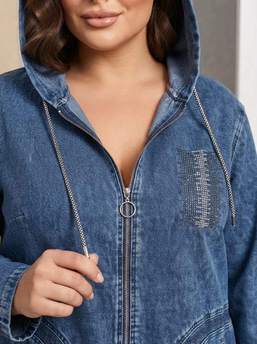 Geacă modernă din denim cu strălucire și aplicații cu pietricele