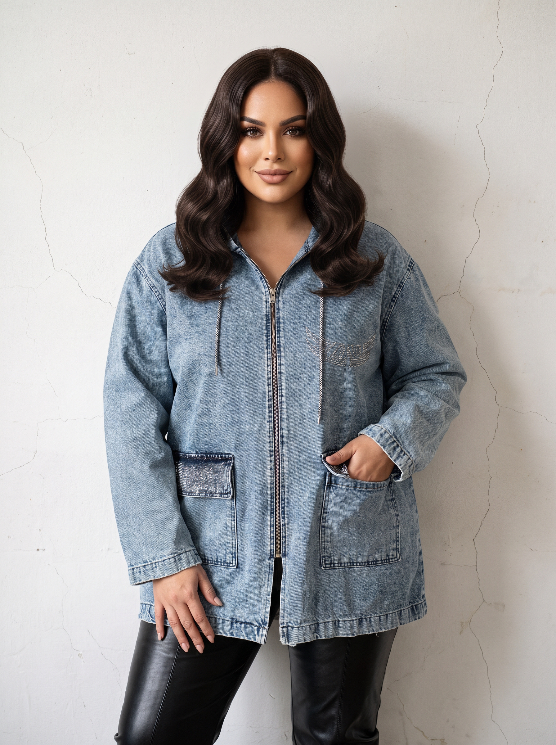 Geacă casual din denim deschis PLUS SIZE cu buzunare