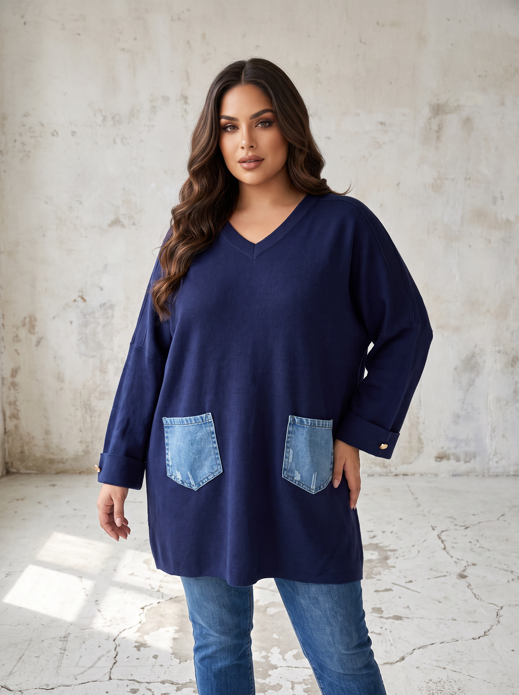 Tunică bleumarin din tricot fin cu buzunare din denim