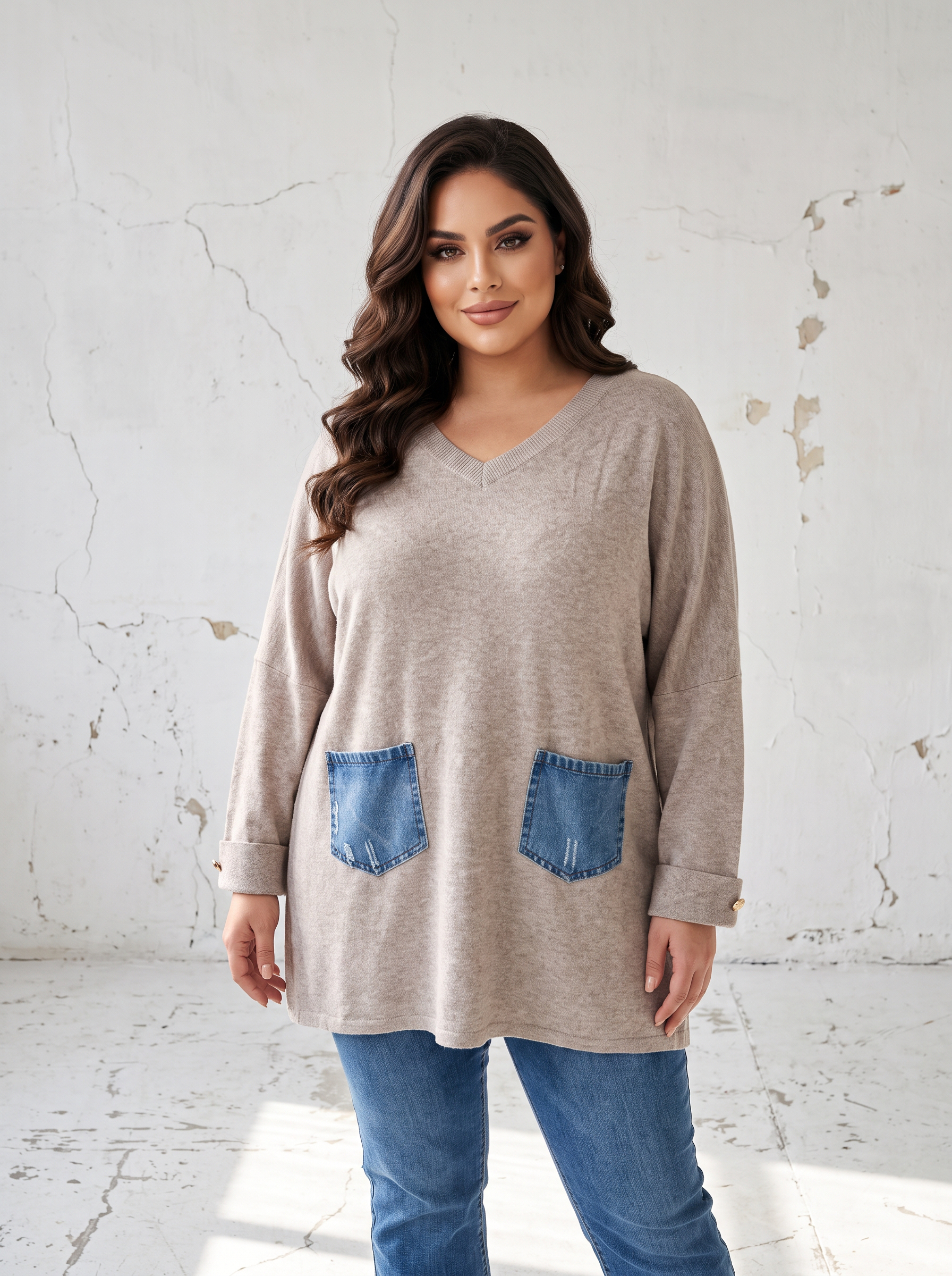 Tunică bej din tricot fin cu buzunare din denim