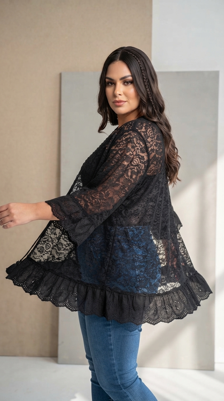 Cardigan maxi negru din dantelă delicată