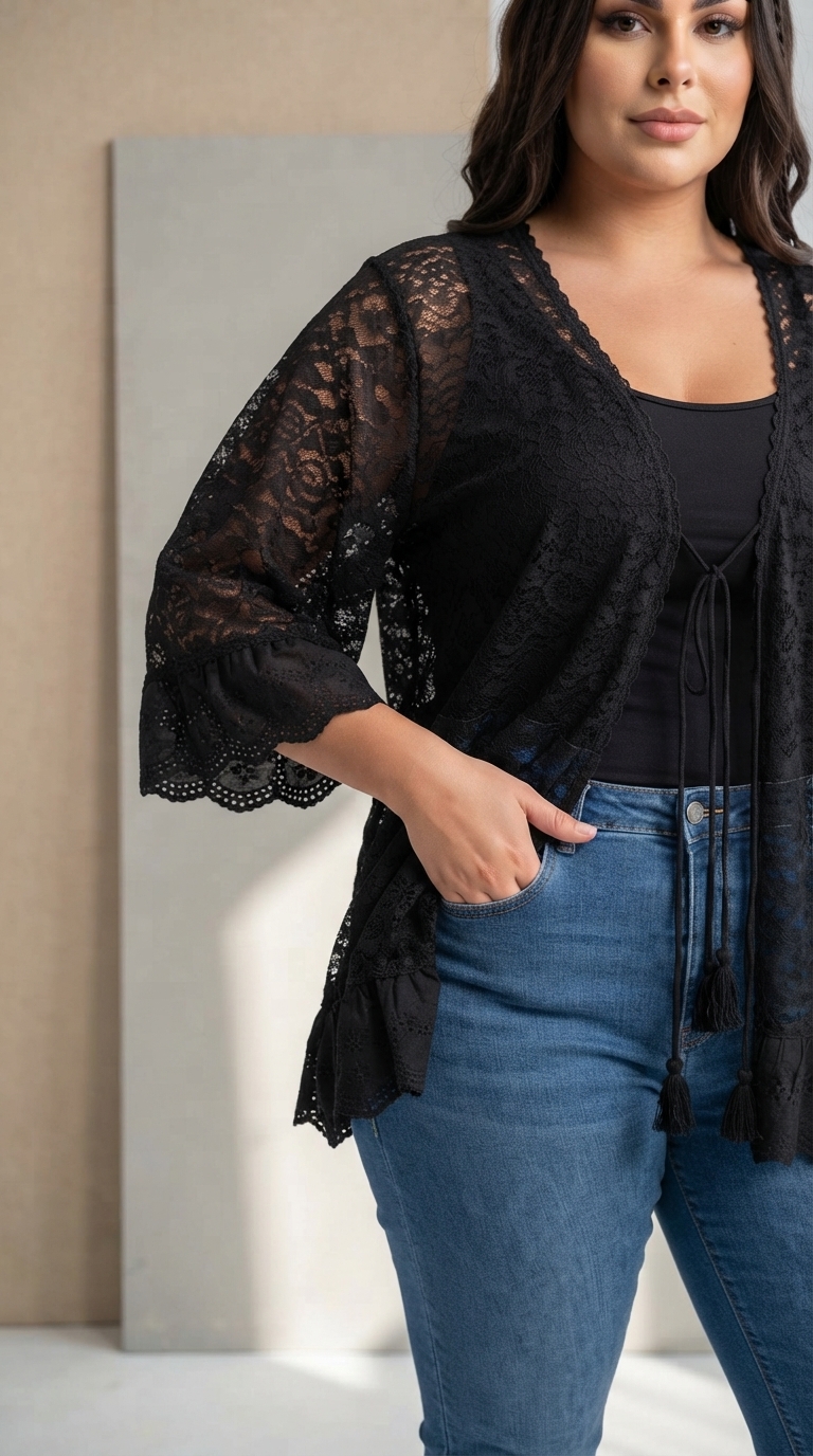 Cardigan maxi negru din dantelă delicată