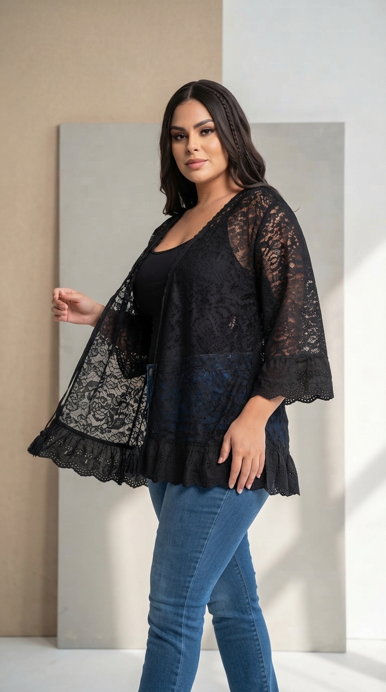 Cardigan maxi negru din dantelă delicată