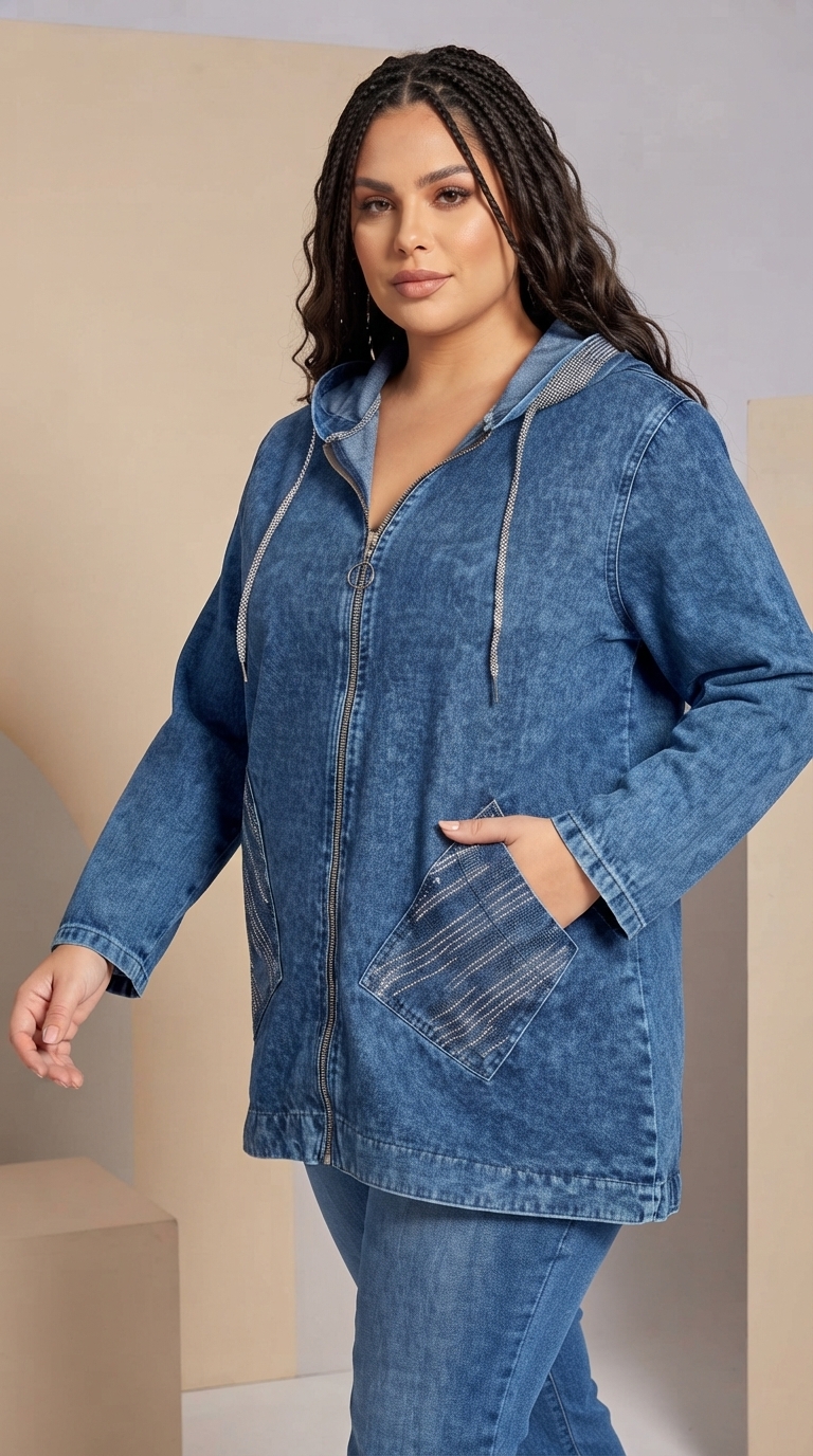 Jachetă maxi modernă din denim cu glugă – design contemporan
