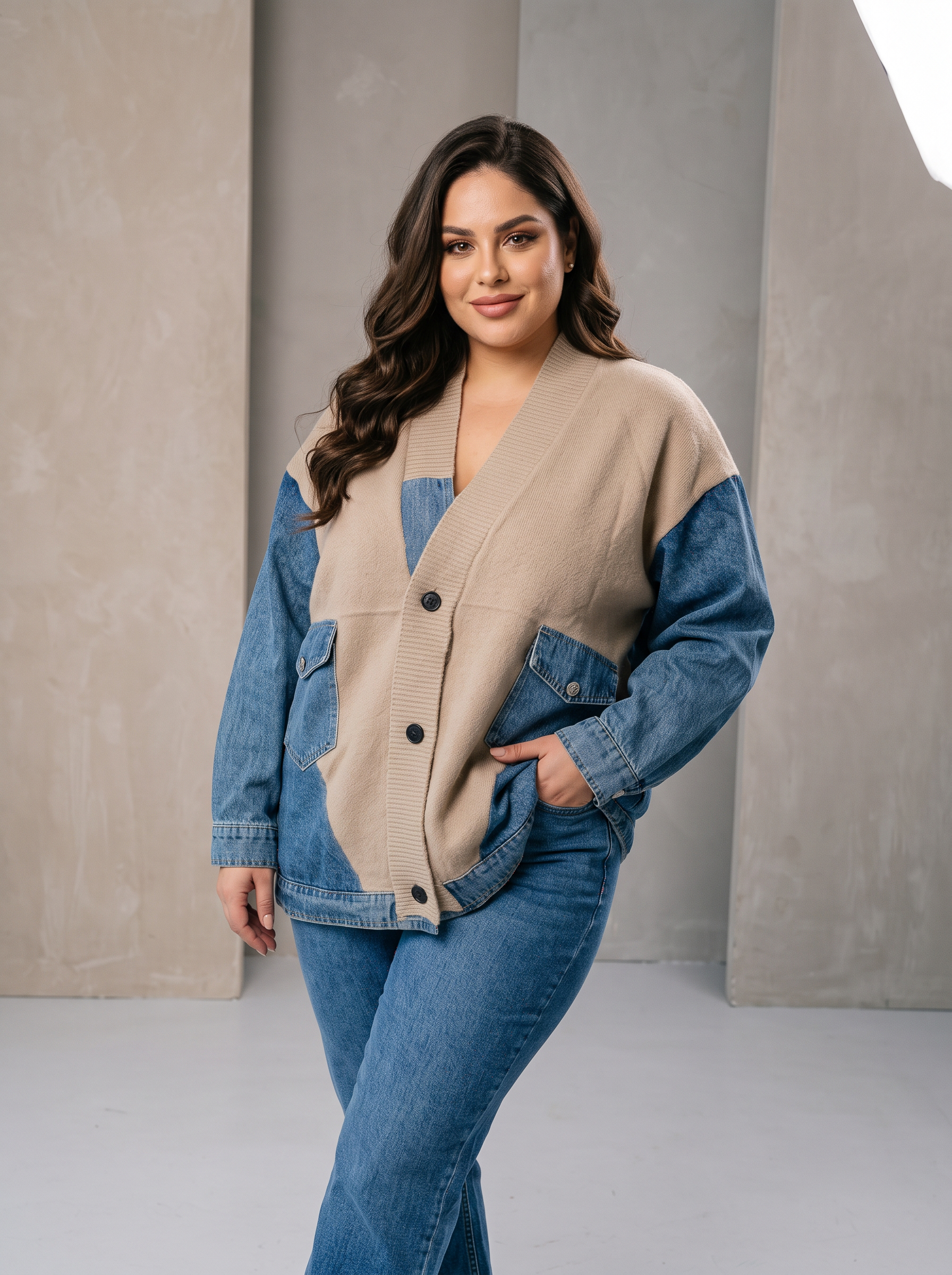 Jachetă modernă din denim cu inserții din tricot bej