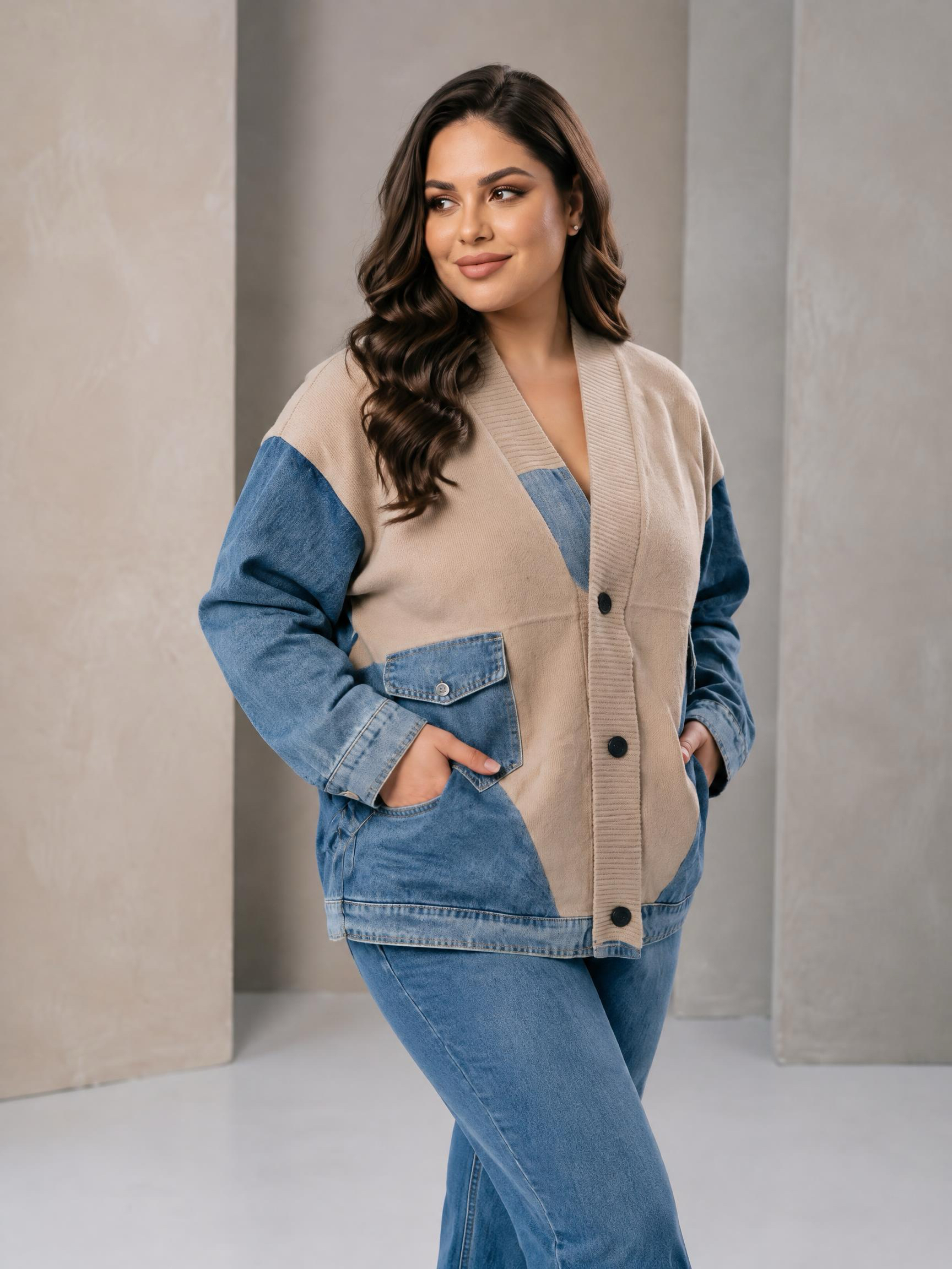 Jachetă modernă din denim cu inserții din tricot bej