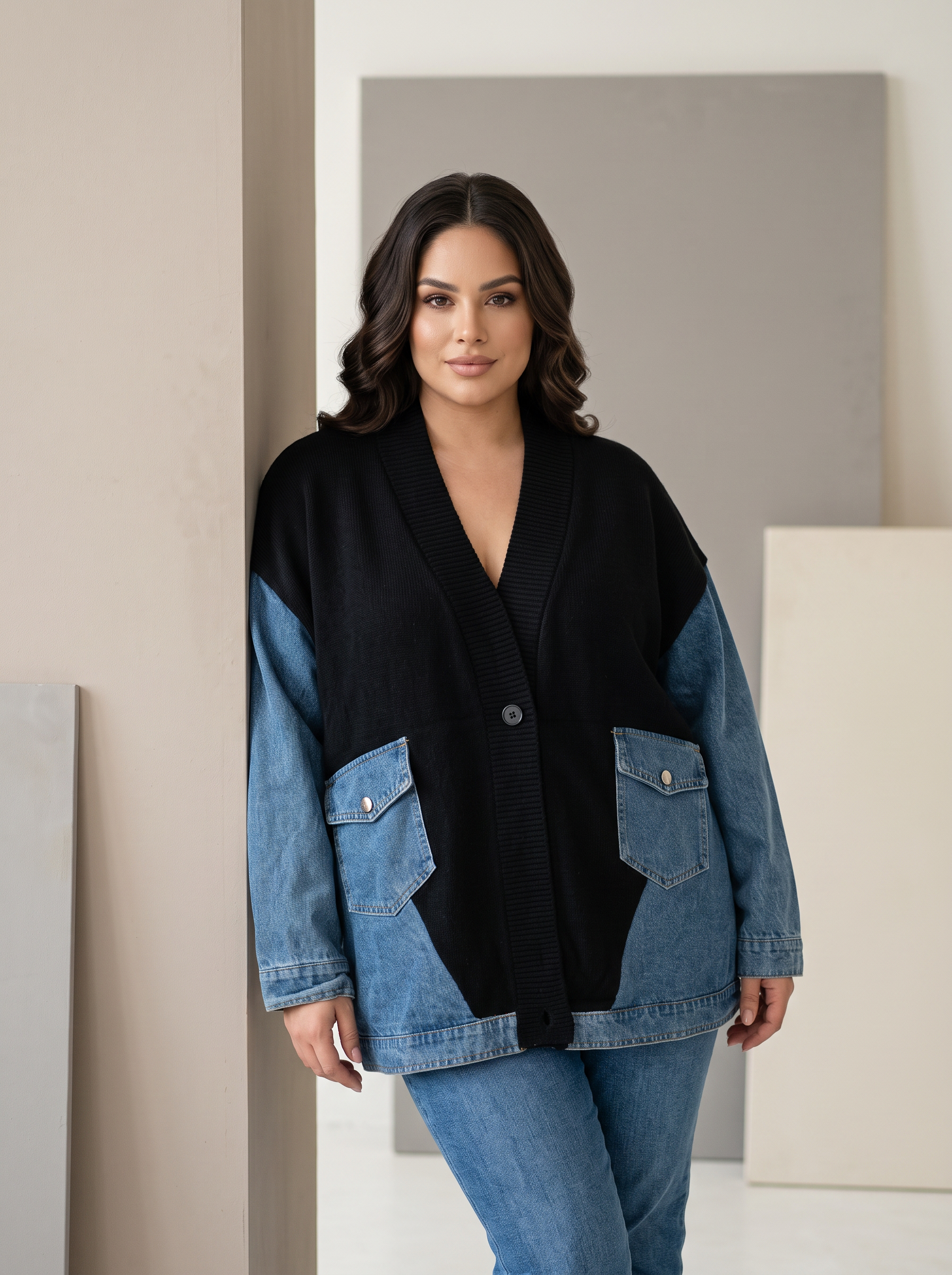 Jachetă modernă din denim cu inserții din tricot negru