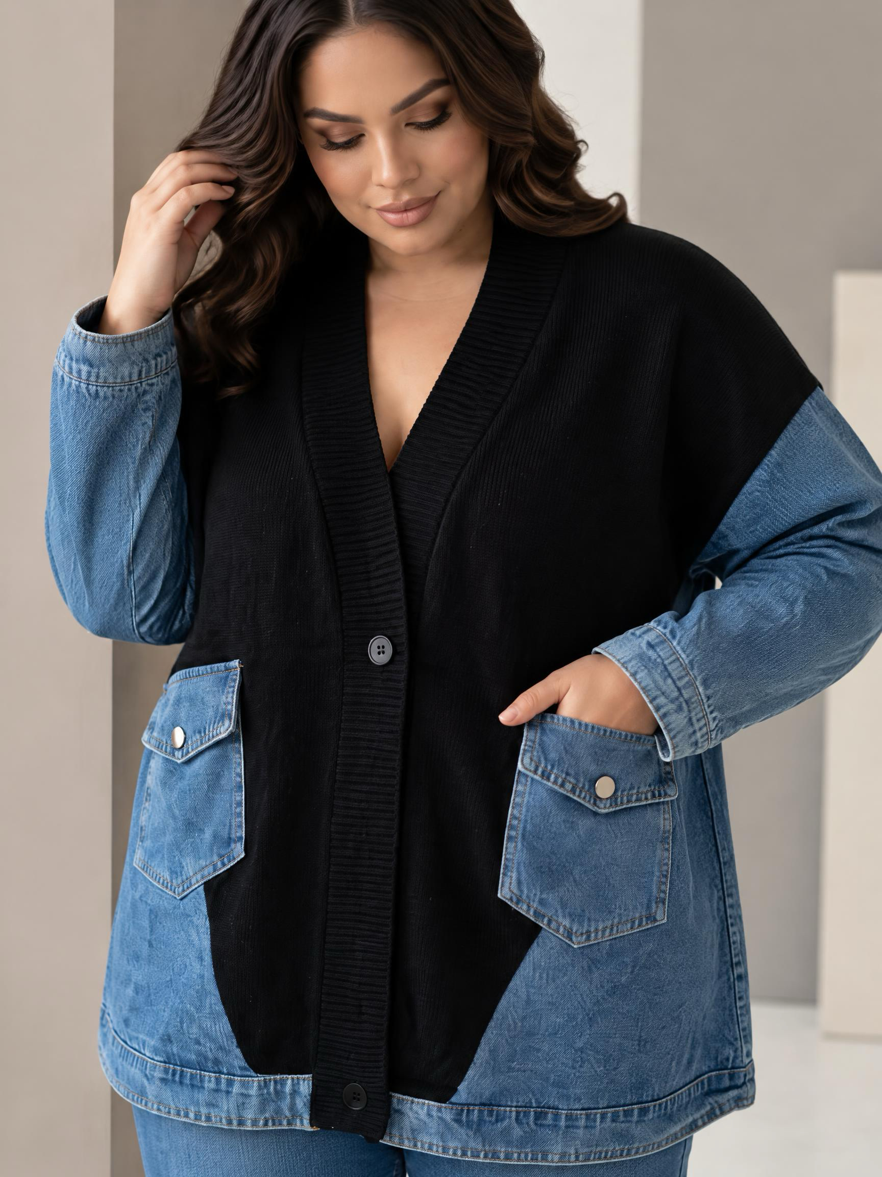 Jachetă modernă din denim cu inserții din tricot negru