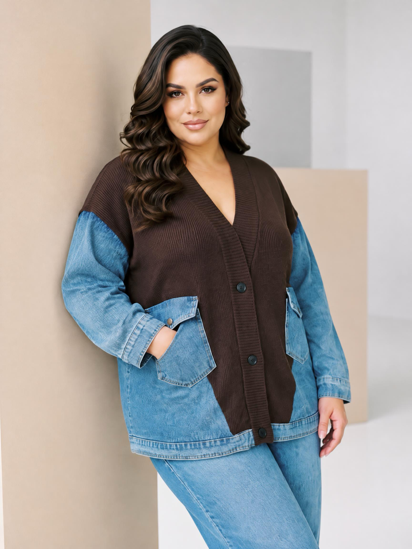 Jachetă modernă din denim cu inserții din tricot maro