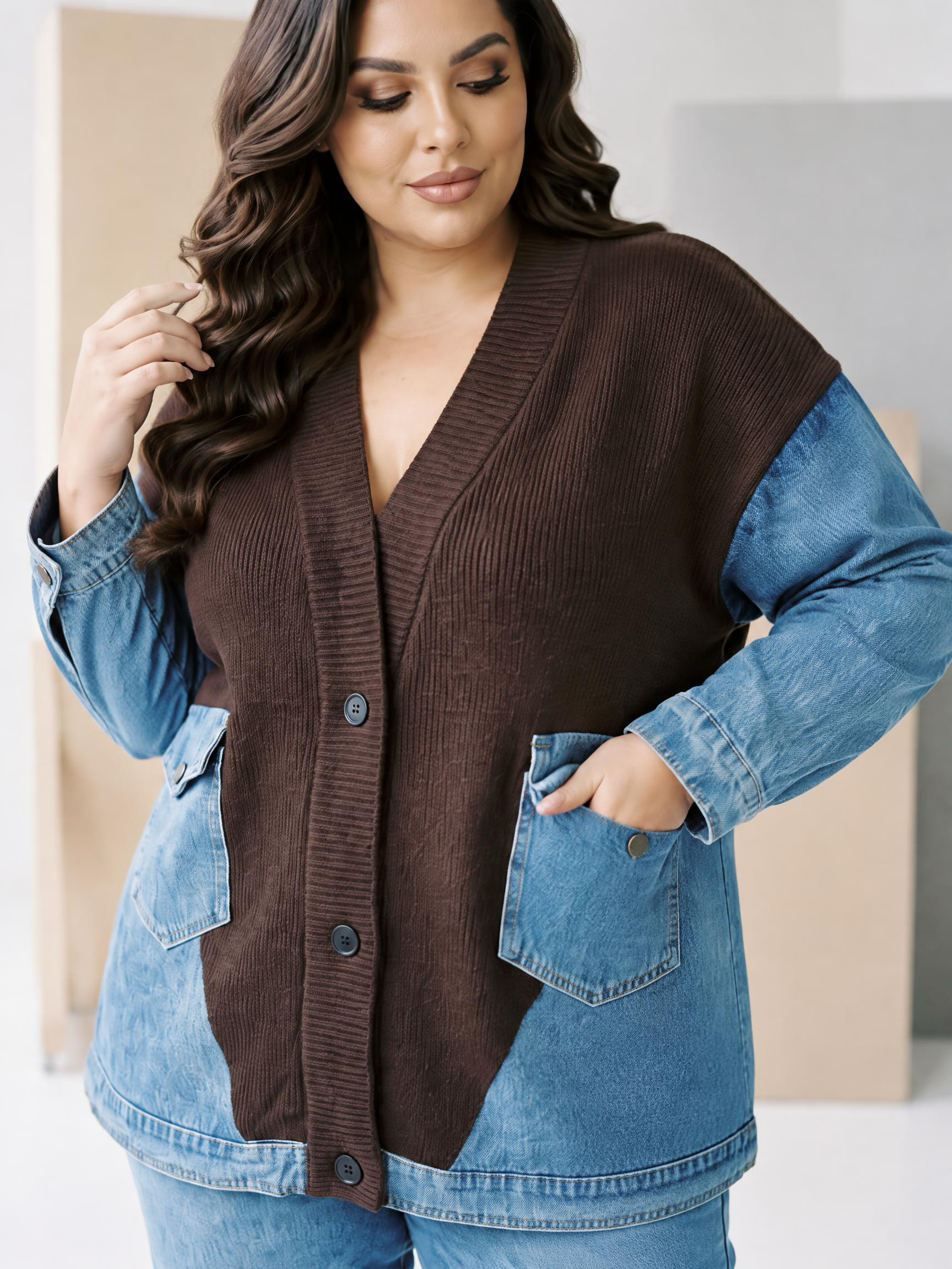 Jachetă modernă din denim cu inserții din tricot maro