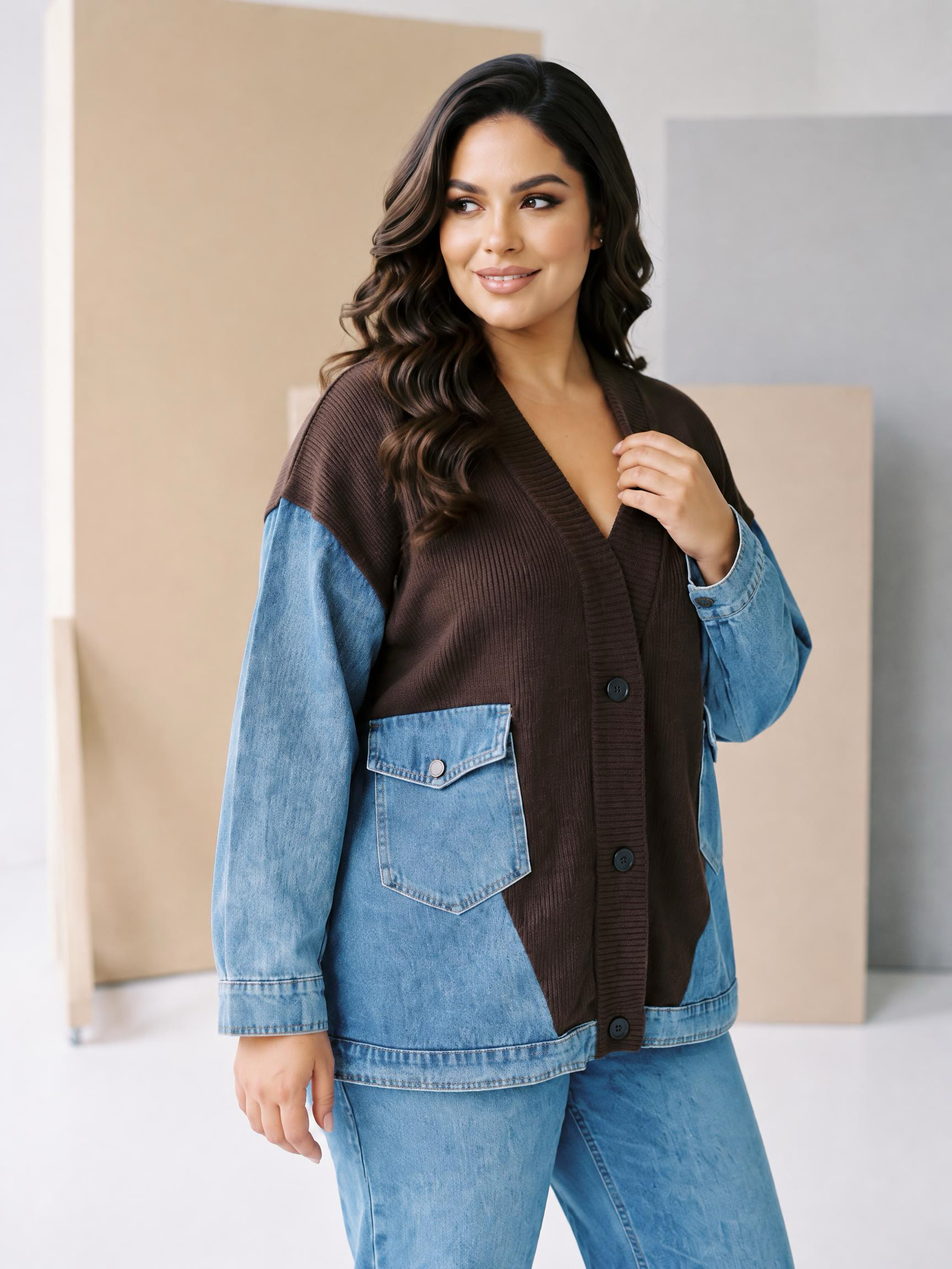 Jachetă modernă din denim cu inserții din tricot maro