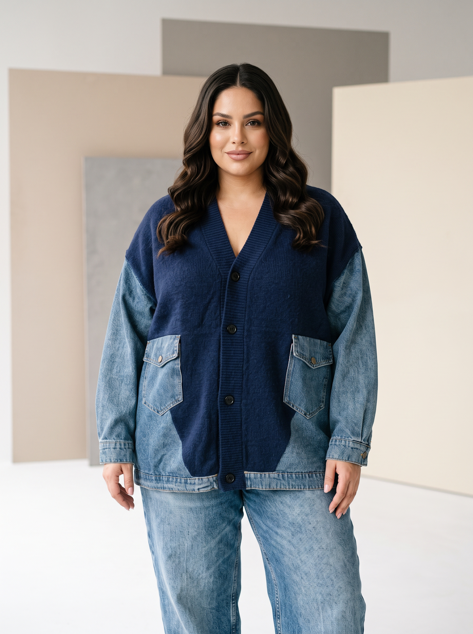 Jachetă modernă din denim cu inserții din tricot bleumarin