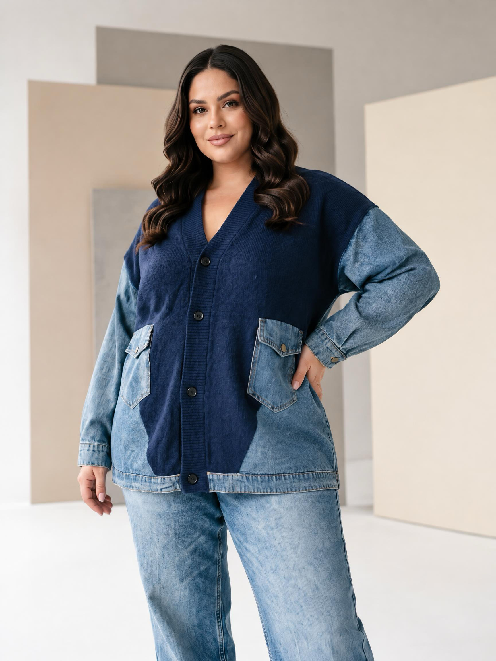 Jachetă modernă din denim cu inserții din tricot bleumarin