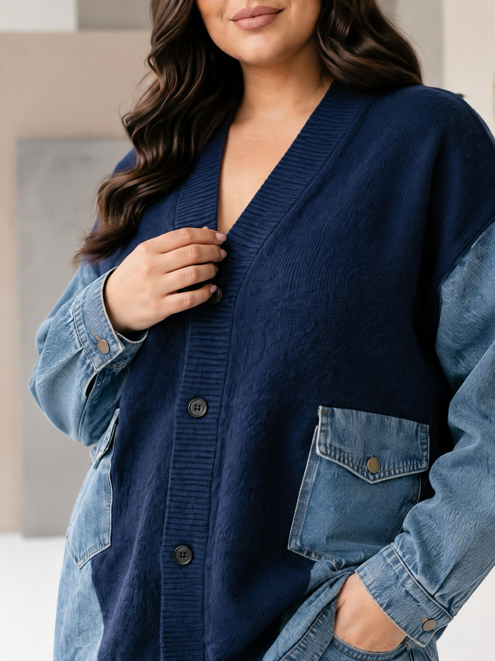 Jachetă modernă din denim cu inserții din tricot bleumarin