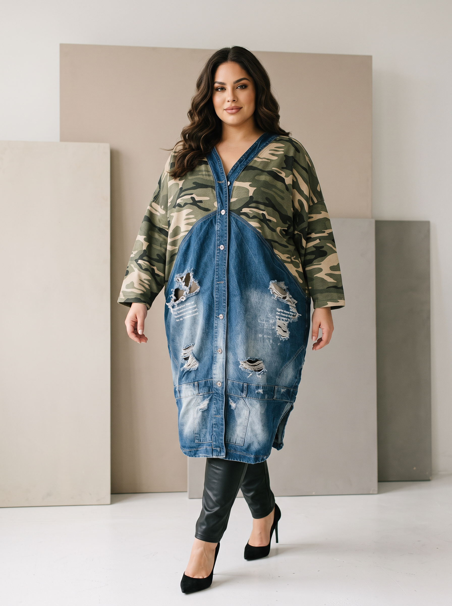 Jachetă extravagantă din denim cu design artistic în mărimi mari