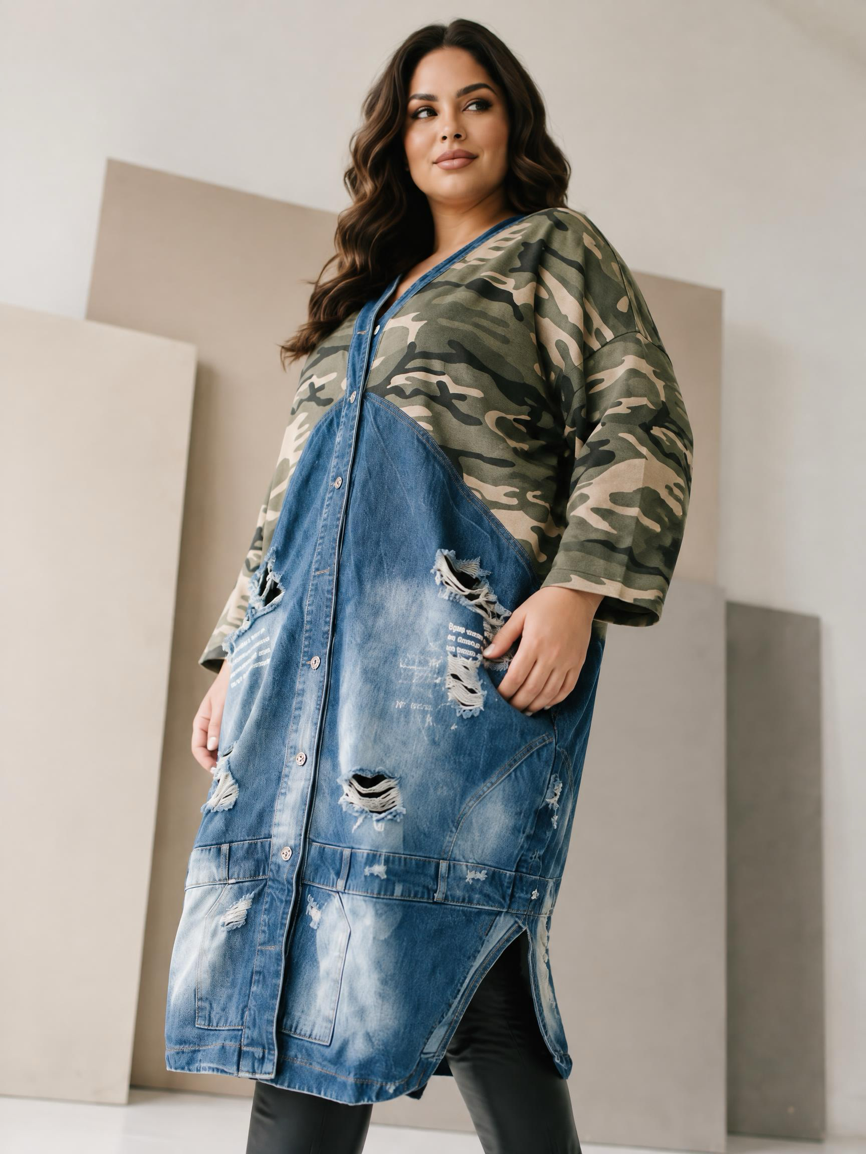 Jachetă extravagantă din denim cu design artistic în mărimi mari