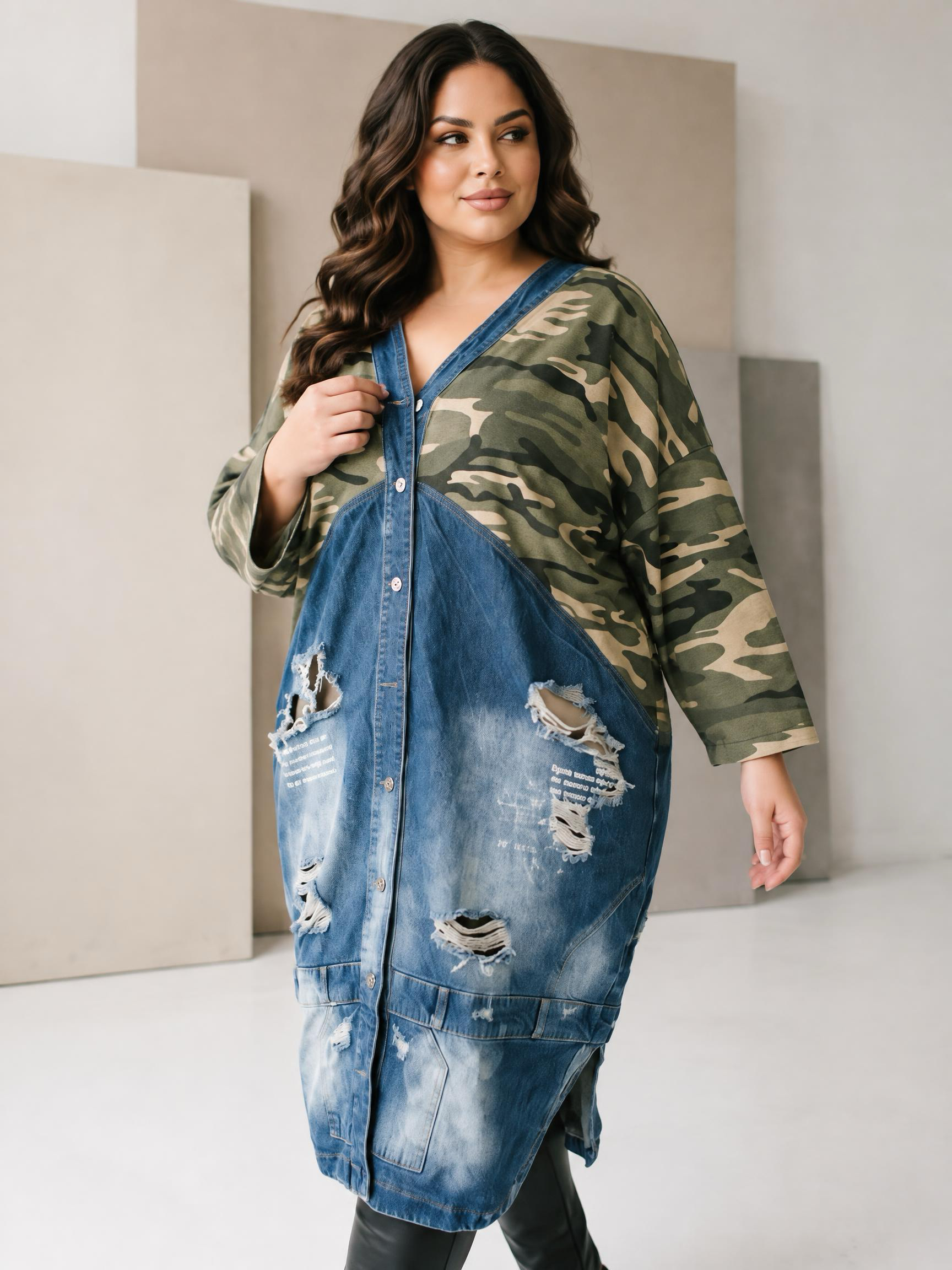 Jachetă extravagantă din denim cu design artistic în mărimi mari