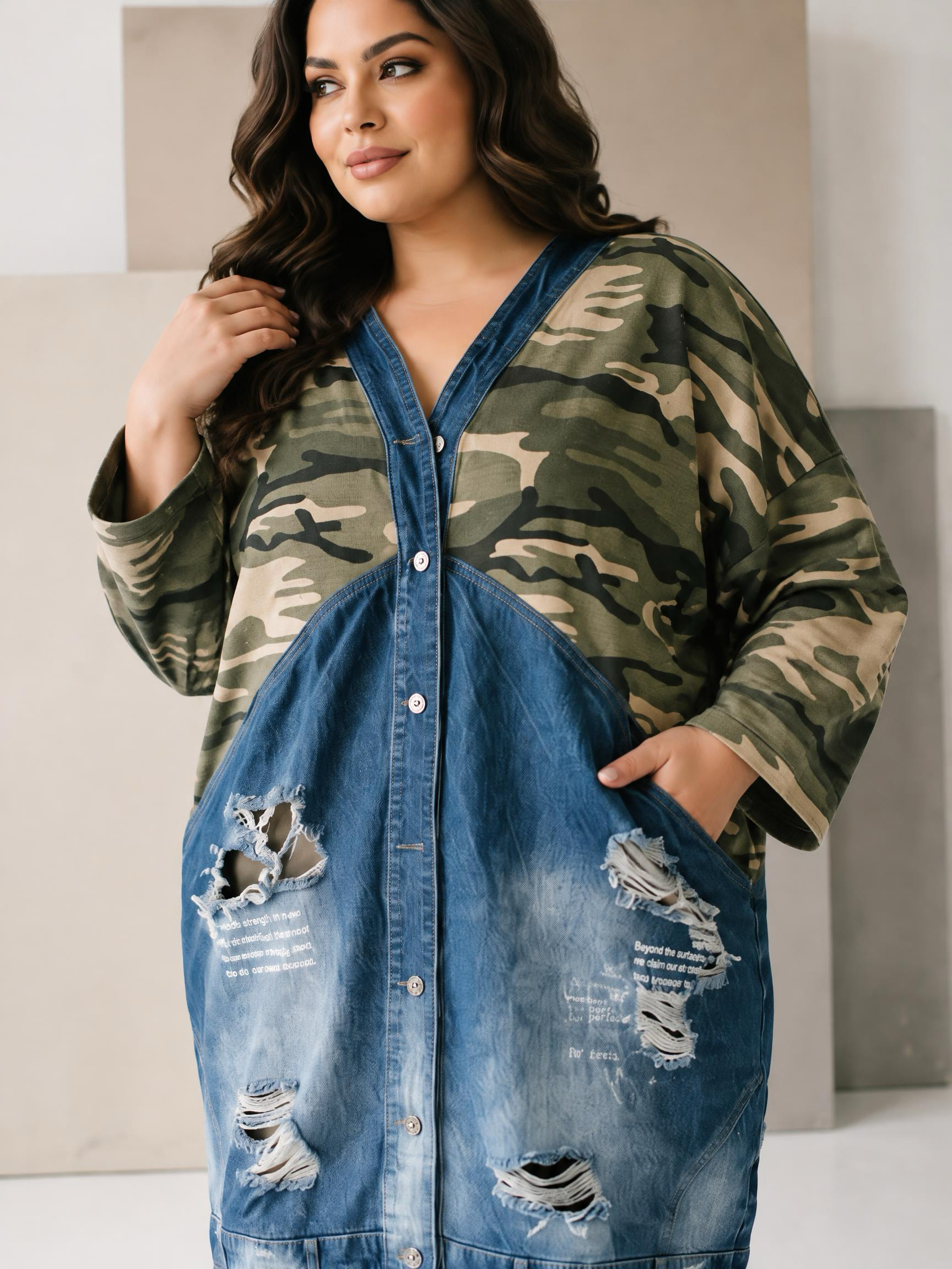 Jachetă extravagantă din denim cu design artistic în mărimi mari