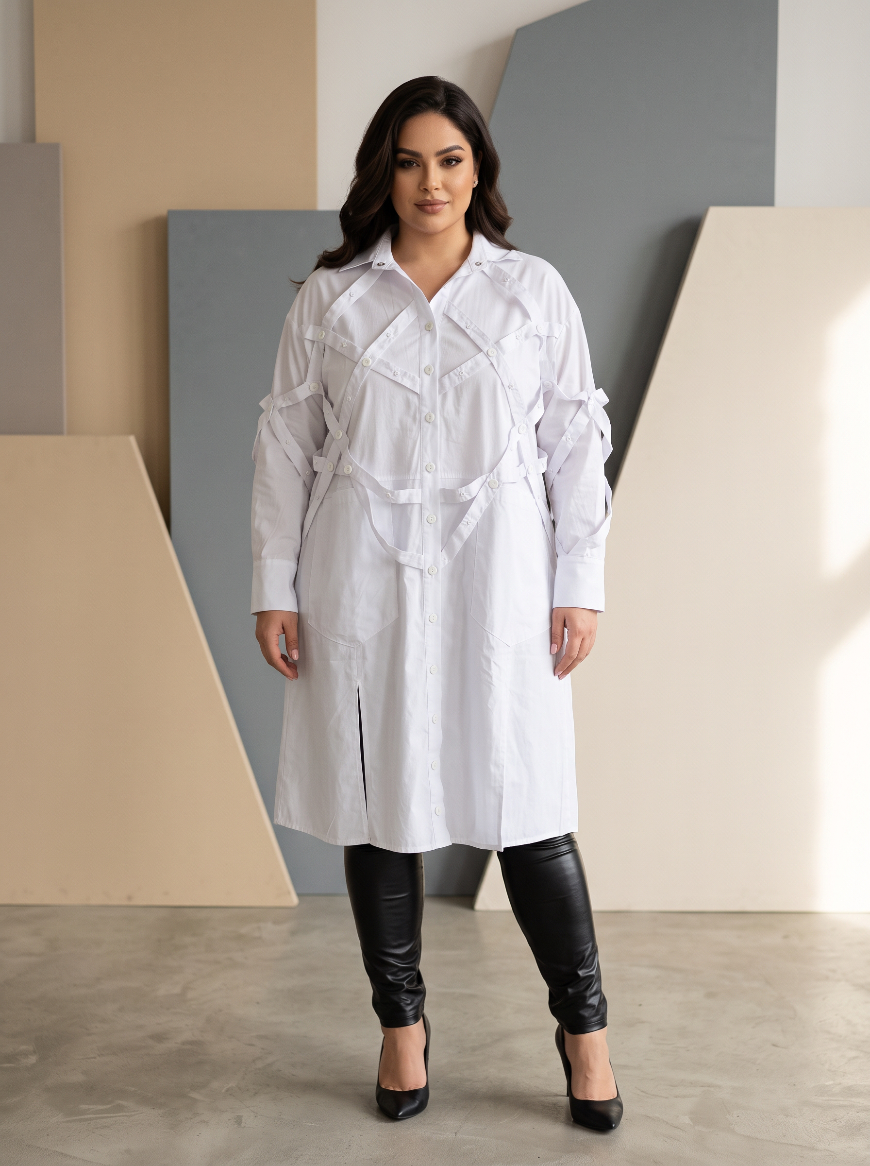 Cămașă lungă de designer albă în mărimi mari