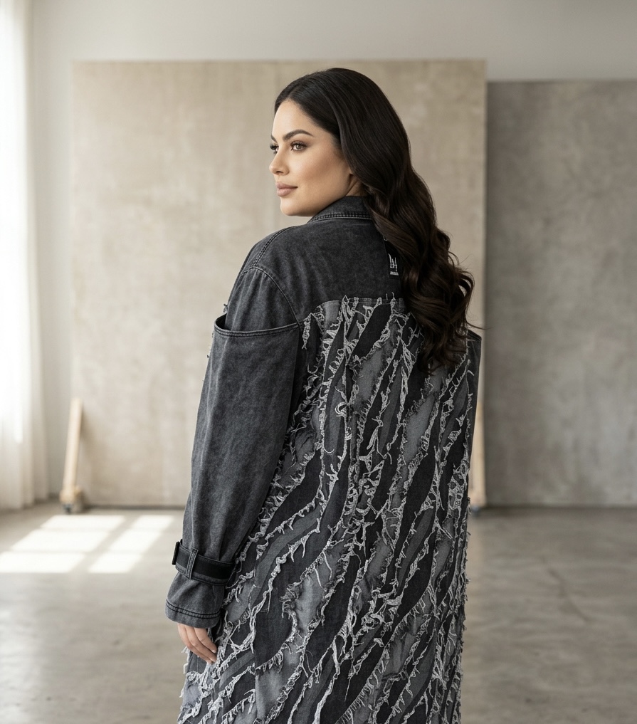 Jachetă din denim cu model extravagant și efect destrămat