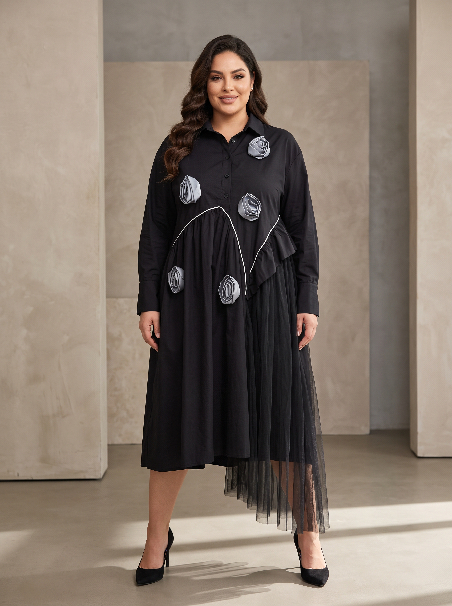 Rochie de tip boutique cu flori 3D și tulle în mărimi mari