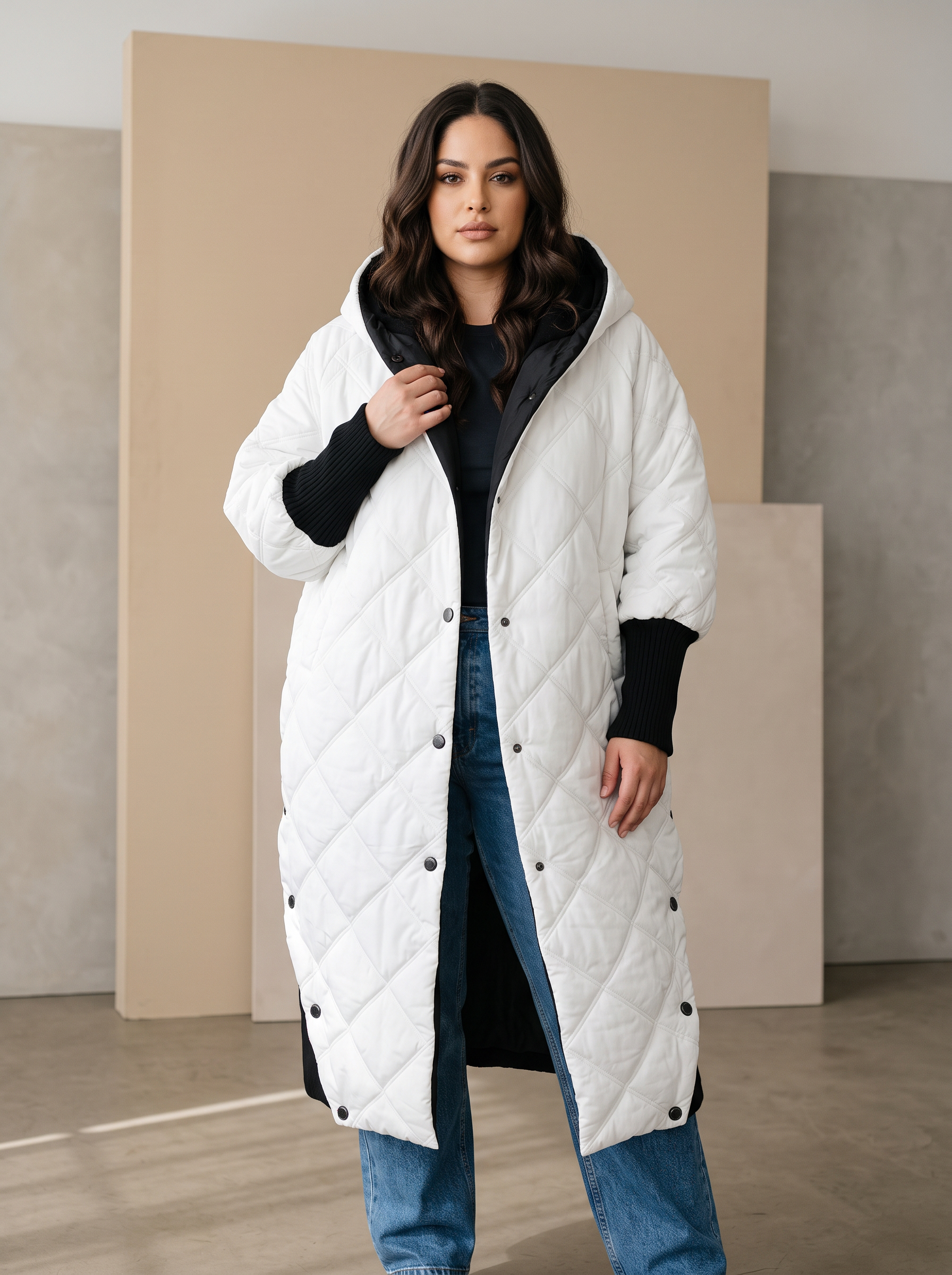 Geacă lungă de iarnă albă din colecția designer