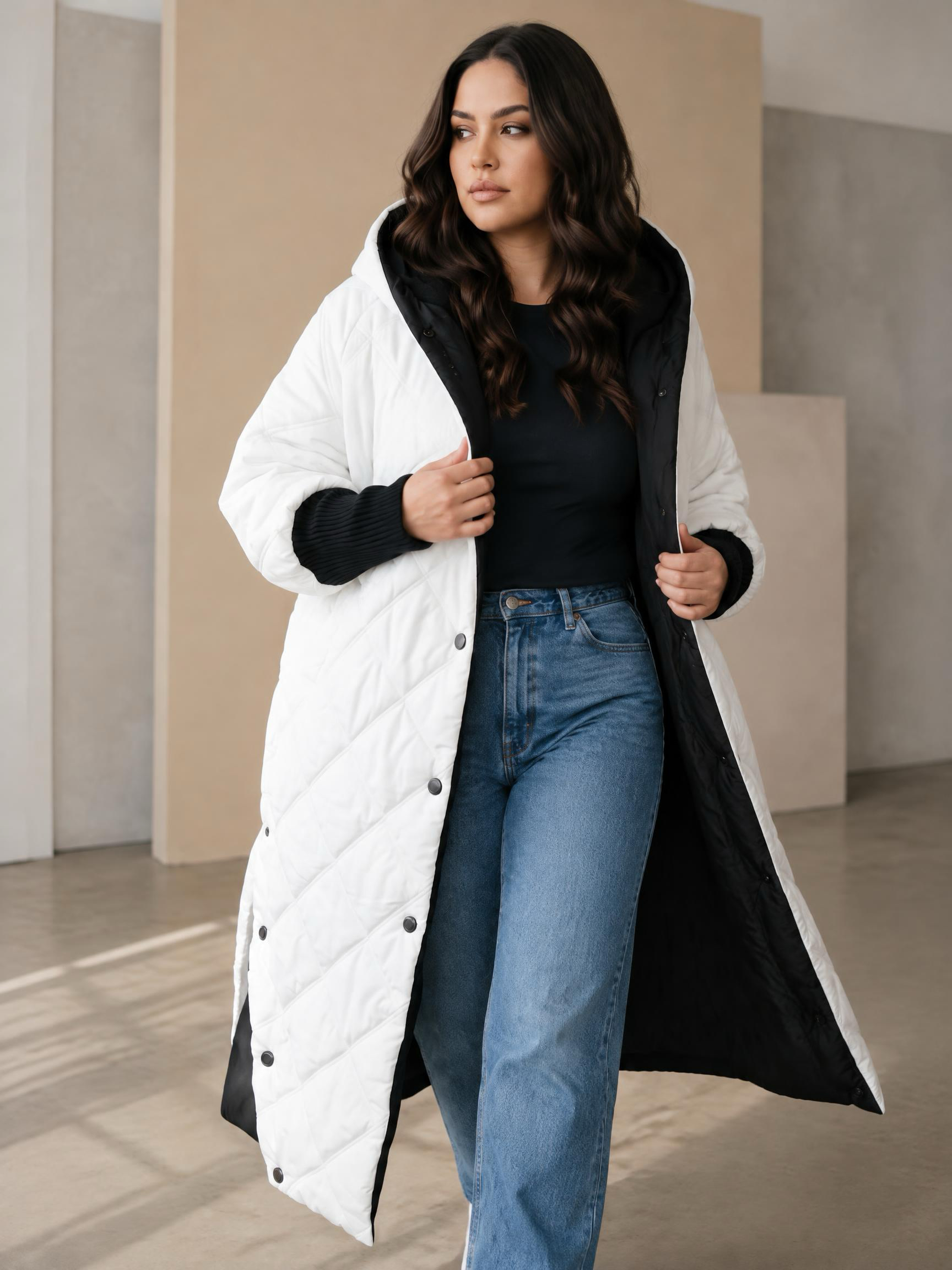 Geacă lungă de iarnă albă din colecția designer