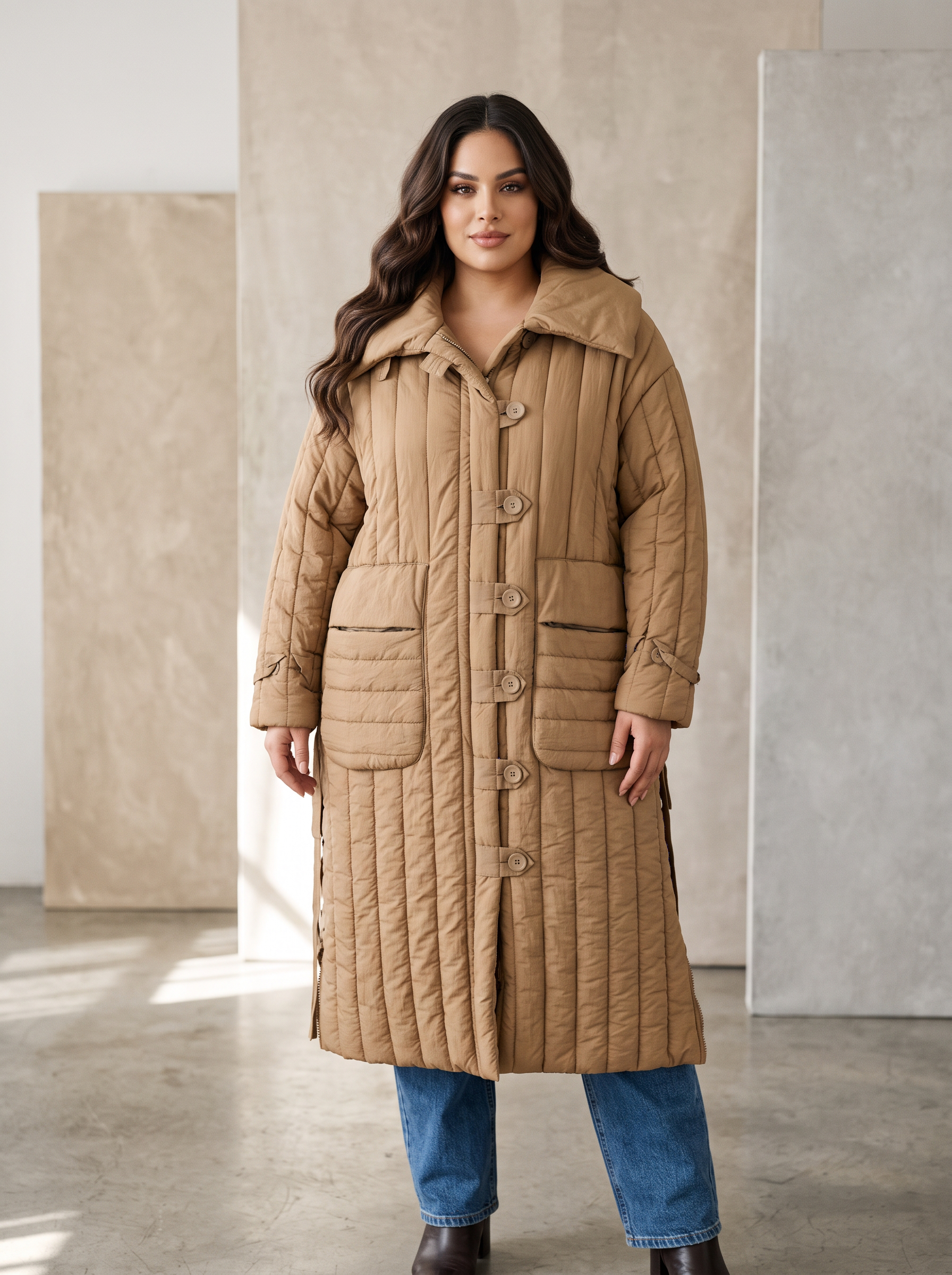 Geacă de iarnă lungă în culoarea camel din seria boutique