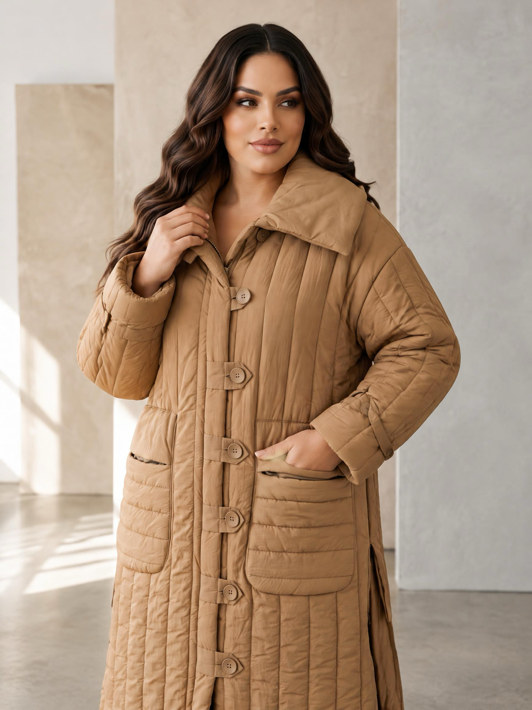 Geacă de iarnă lungă în culoarea camel din seria boutique
