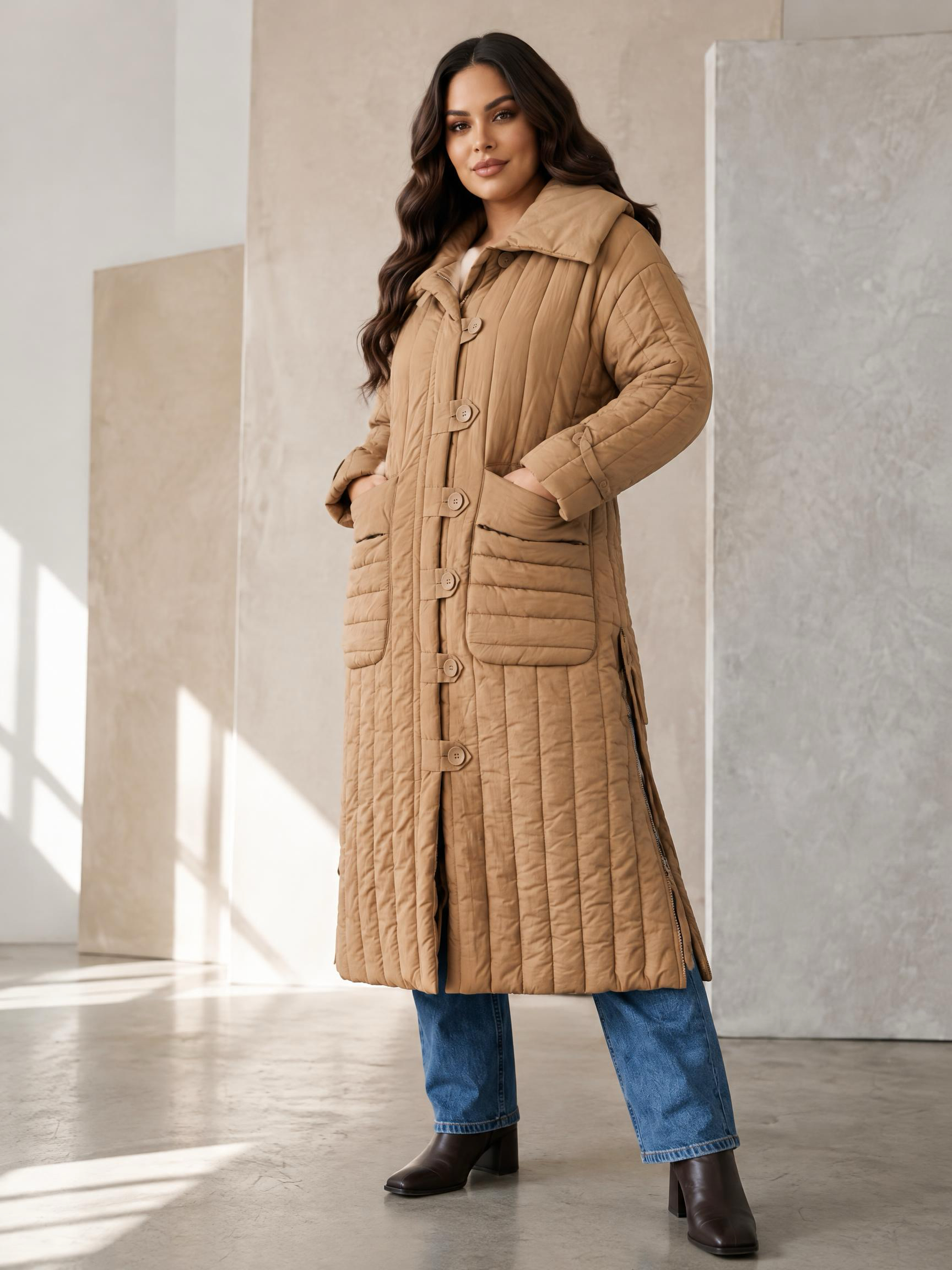 Geacă de iarnă lungă în culoarea camel din seria boutique