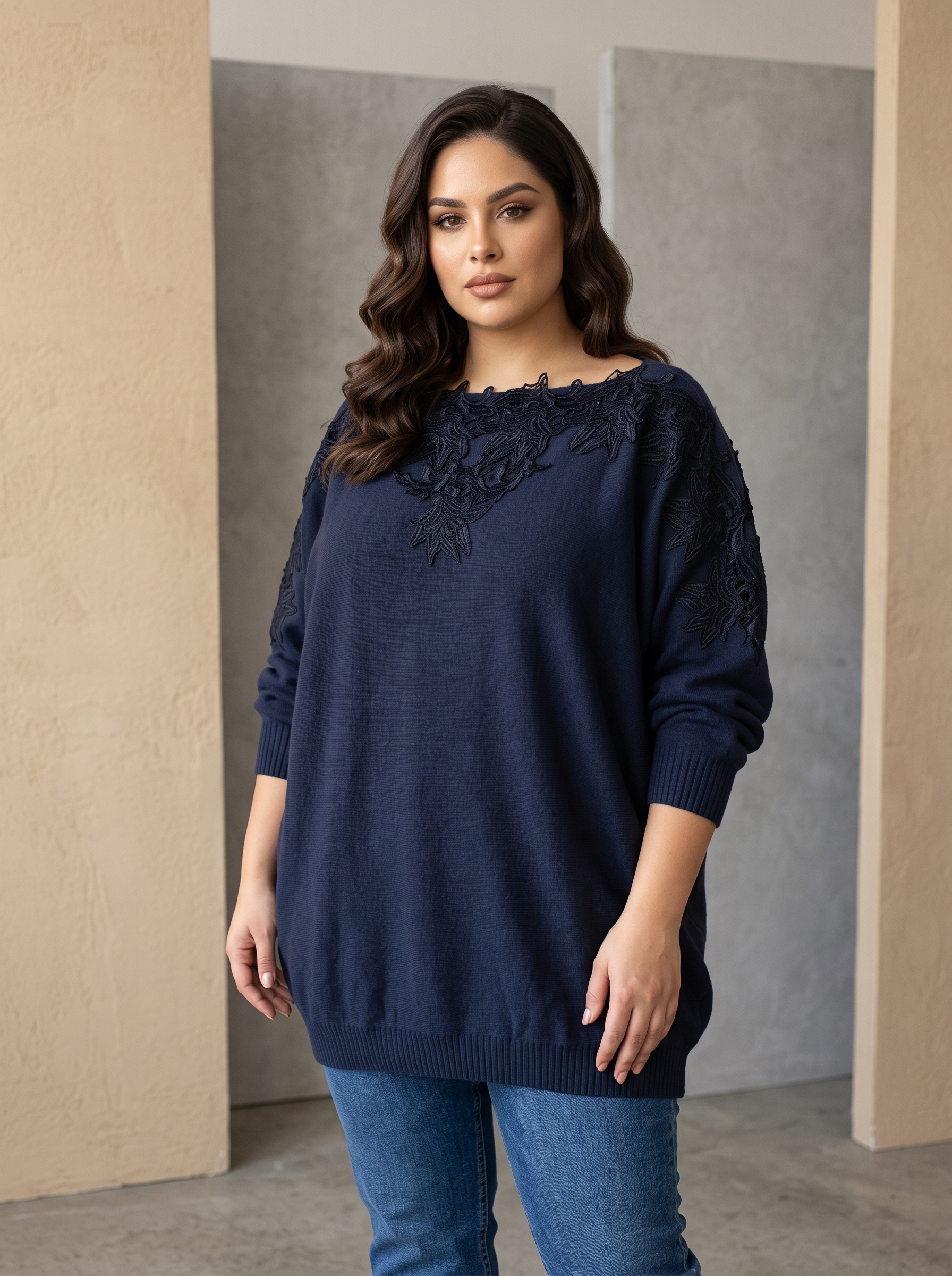 Pulover fin bleumarin în stil retro cu dantelă delicată 3D