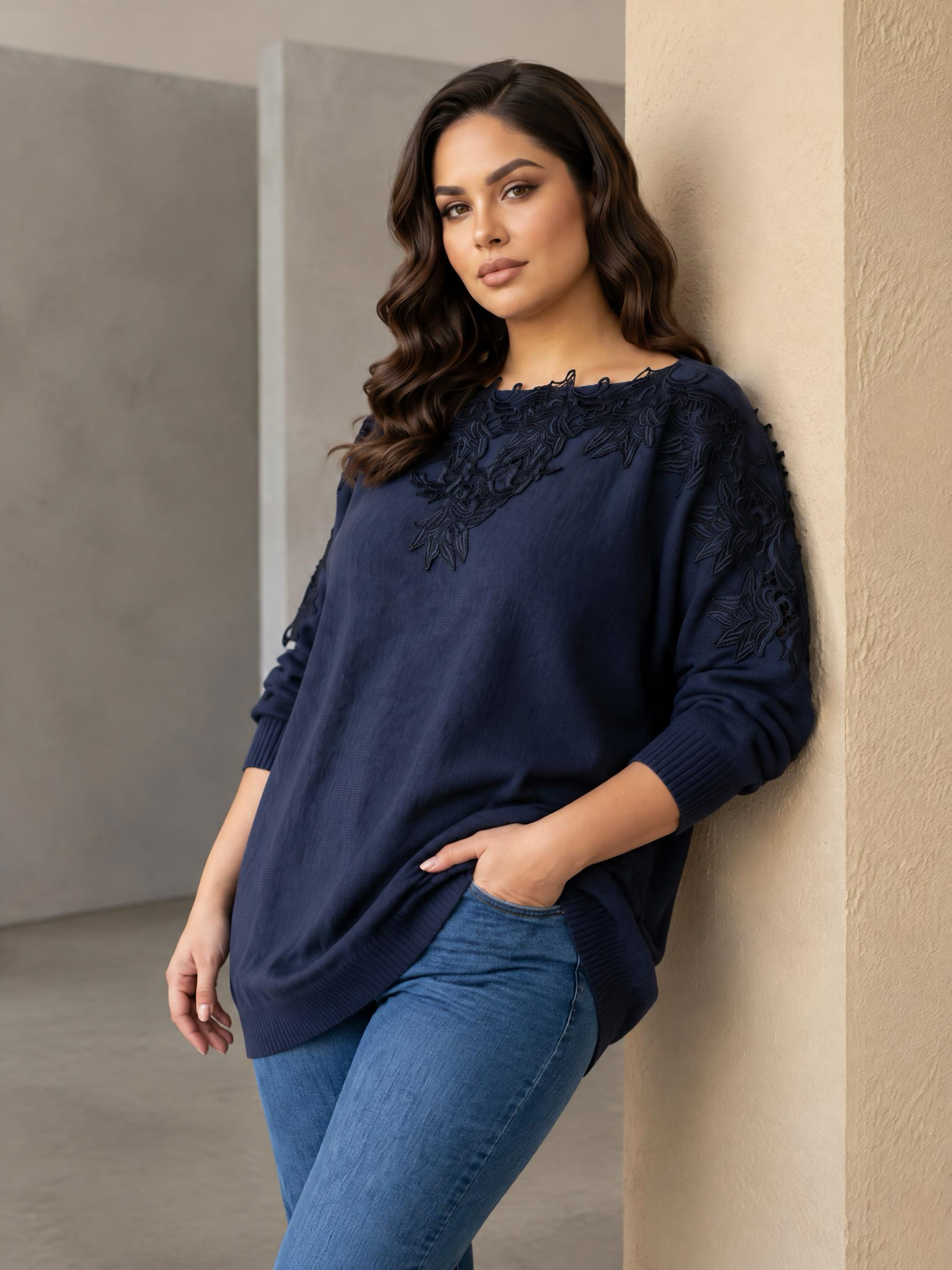 Pulover fin bleumarin în stil retro cu dantelă delicată 3D
